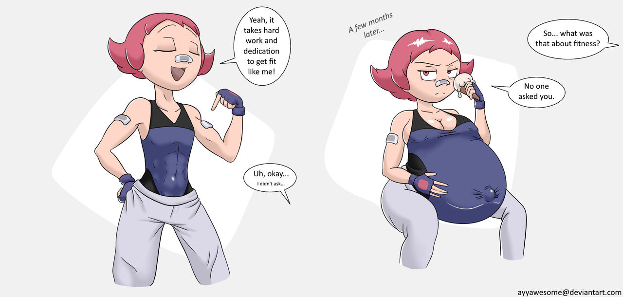 1girls, ayyawesome, bandages, before and during pregnancy, dialogue, embarrassed, english text, female, female only, gym leader, heavily pregnant, ice cream, maylene (pokemon), nintendo, not loving pregnancy, out of shape, pink hair, pink hair female, pokemon, pokemon dppt, pregnant, pregnant belly, pregnant female, progression, ready to pop, short hair, short pink hair, solo, solo female, tamed by pregnancy, text, time skip, weight gain