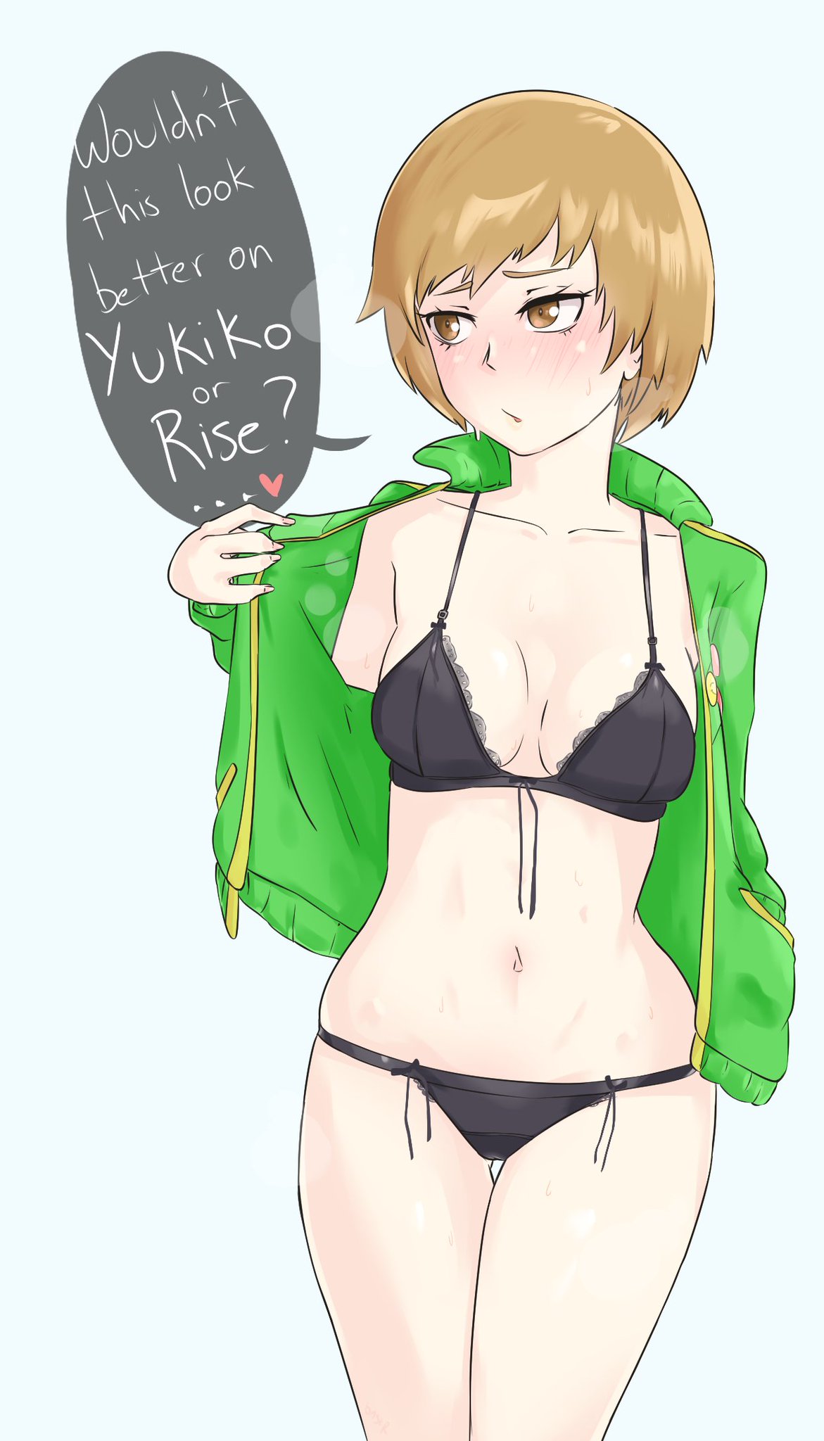 1girls, atlus, baser guy, black lingerie, blush, brown eyes, brown hair, dialogue, female, green jacket, jacket, lingerie, open jacket, painted nails, persona, persona 4, persona 4 the golden, pink nails, satonaka chie, shin megami tensei, short hair, standing, steaming body, tomboy