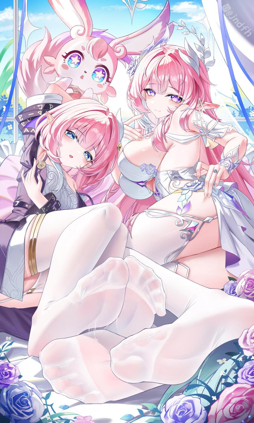 2girls, barefoot, big breasts, blue eyes, breasts, coat, cum, cum on body, cum on feet, cyrene (honkai: star rail), demiurge (honkai: star rail), diamond (shape), dress, dual persona, elf ears, feet, female, female only, flower, foot focus, halo, honkai (series), honkai: star rail, jewelry, jndfh, large breasts, long hair, looking at viewer, lying, multiple females, multiple girls, on side, pink hair, pointy ears, purple coat, purple eyes, ring, short hair, sideboob, small breasts, soles, toes, wedding dress, wedding ring, white dress