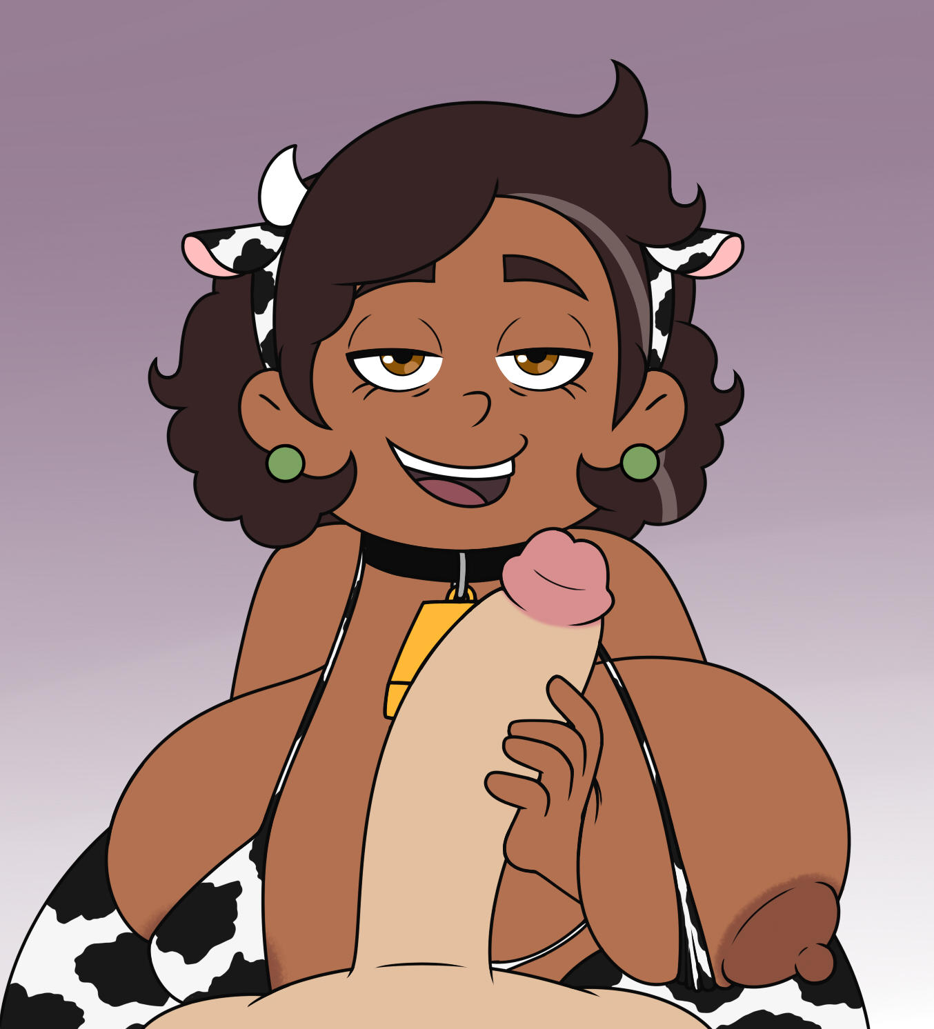 1boy, 1girls, big breasts, bikini, breasts, brown hair, camila noceda, cow ears headband, cow girl, cow horns headband, cow print, cow print bikini, dark skin, dark-skinned female, disney, disney channel, female, headband, huge breasts, latina, latina female, latina milf, light skin, light-skinned male, male, mature, mature female, milf, mother, one breast out, paizuri, takeshi1000, the owl house, the owl house (finale)