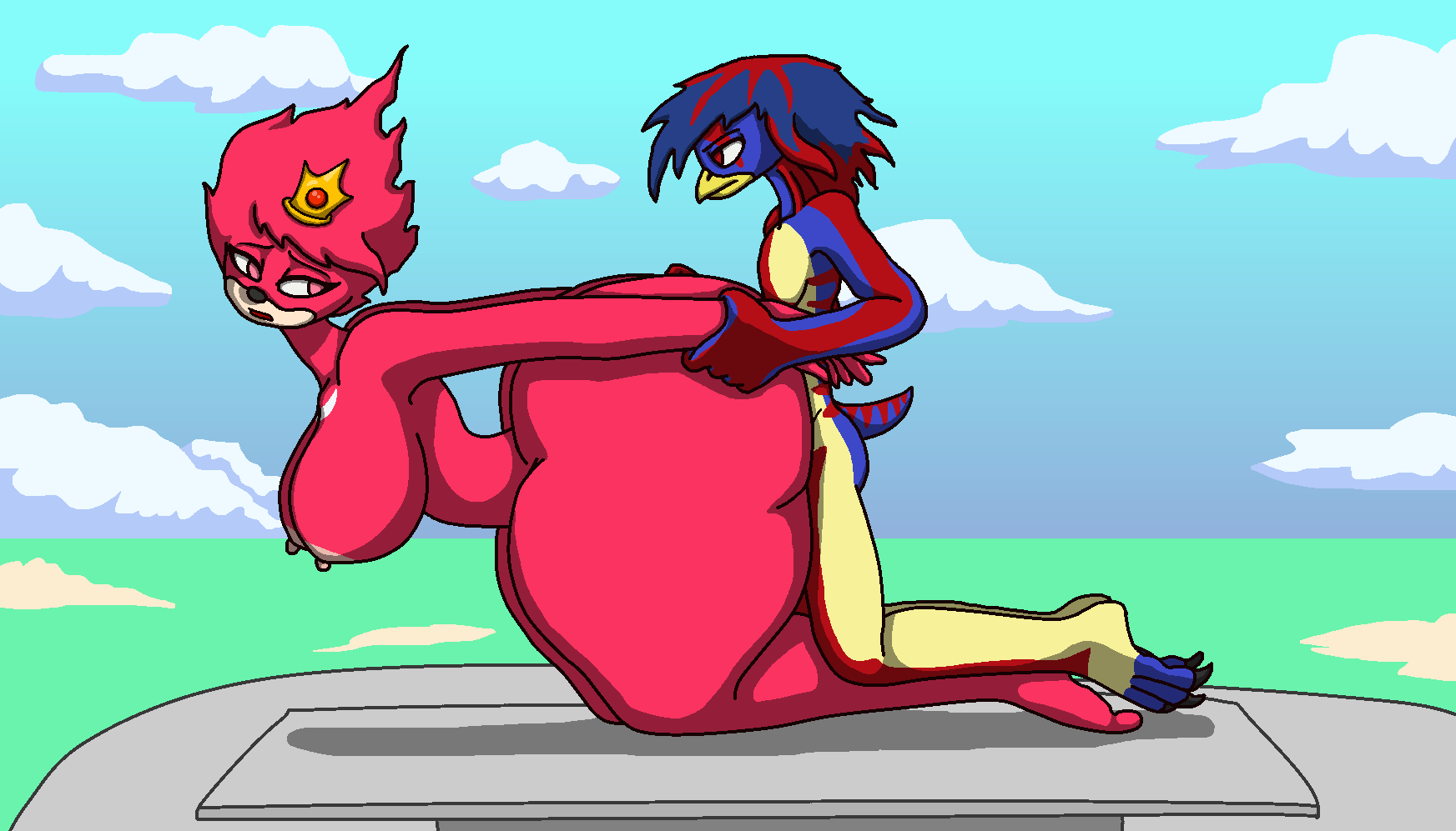 anthro ass backyardigans big_breasts big_butt blue_skin breasts crown doggy_style female fur hair holding_hands huge_butt looking_at_viewer mammal neormk nude pablo_(backyardigans) penguin queen_ugandan_(sujes) red_skin simple_background sky sonic_(series) video_games