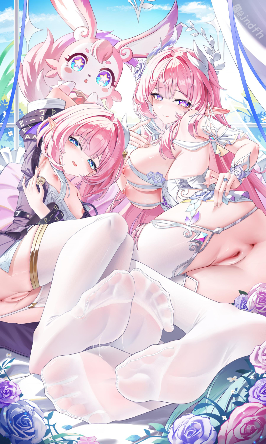 2girls, barefoot, big breasts, blue eyes, breasts, censored, coat, cum, cum on body, cum on feet, cyrene (honkai: star rail), demiurge (honkai: star rail), diamond (shape), dress, dual persona, elf ears, feet, female, female only, flower, foot focus, halo, honkai (series), honkai: star rail, jewelry, jndfh, large breasts, long hair, looking at viewer, lying, mosaic censoring, multiple females, multiple girls, on side, pink hair, pointy ears, purple coat, purple eyes, ring, short hair, sideboob, small breasts, soles, toes, wedding dress, wedding ring, white dress