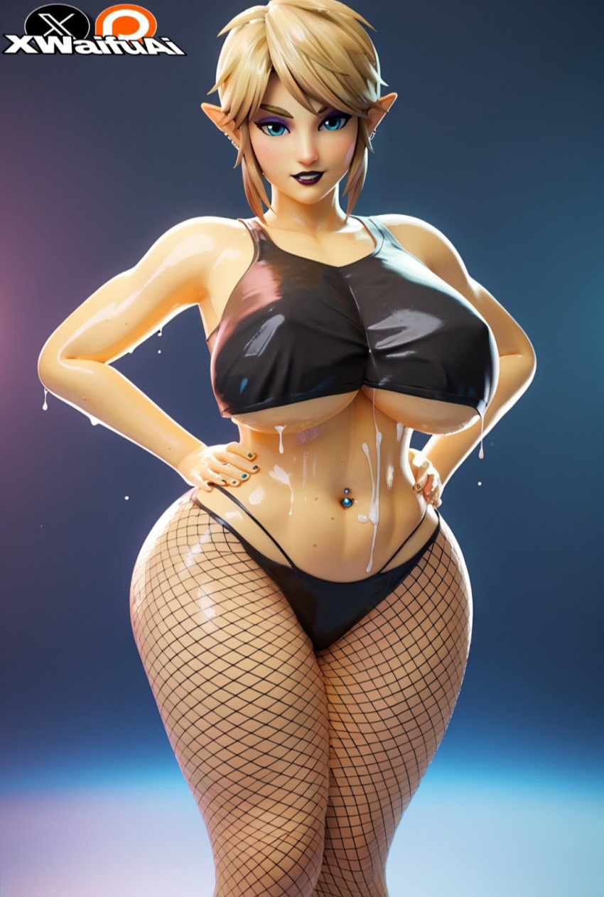 1girls, abs, ai generated, ass, ass focus, blonde hair, blue eyes, bottom heavy, crop top, female, female focus, femsub, fishnets, girly, link, link (breath of the wild), nintendo, rule 63, short shorts, solo, the legend of zelda, thick, thick ass, thick thighs, xwaifuai