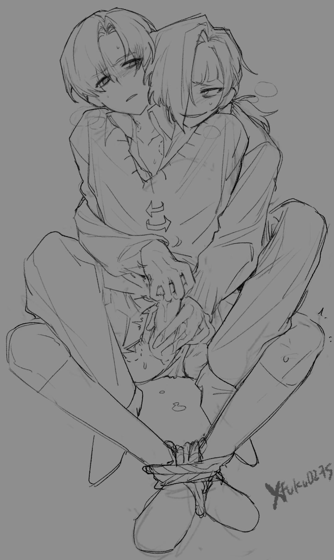 1boy, 1boy1girl, 1girls, artist signature, bite mark, black and white, clothed, clothed sex, demian (limbus company), female, handjob, handjob from behind, hickey, hickey marks, kromer (limbus company), limbus company, male, monochrome, project moon, school uniform, unbuttoned shirt