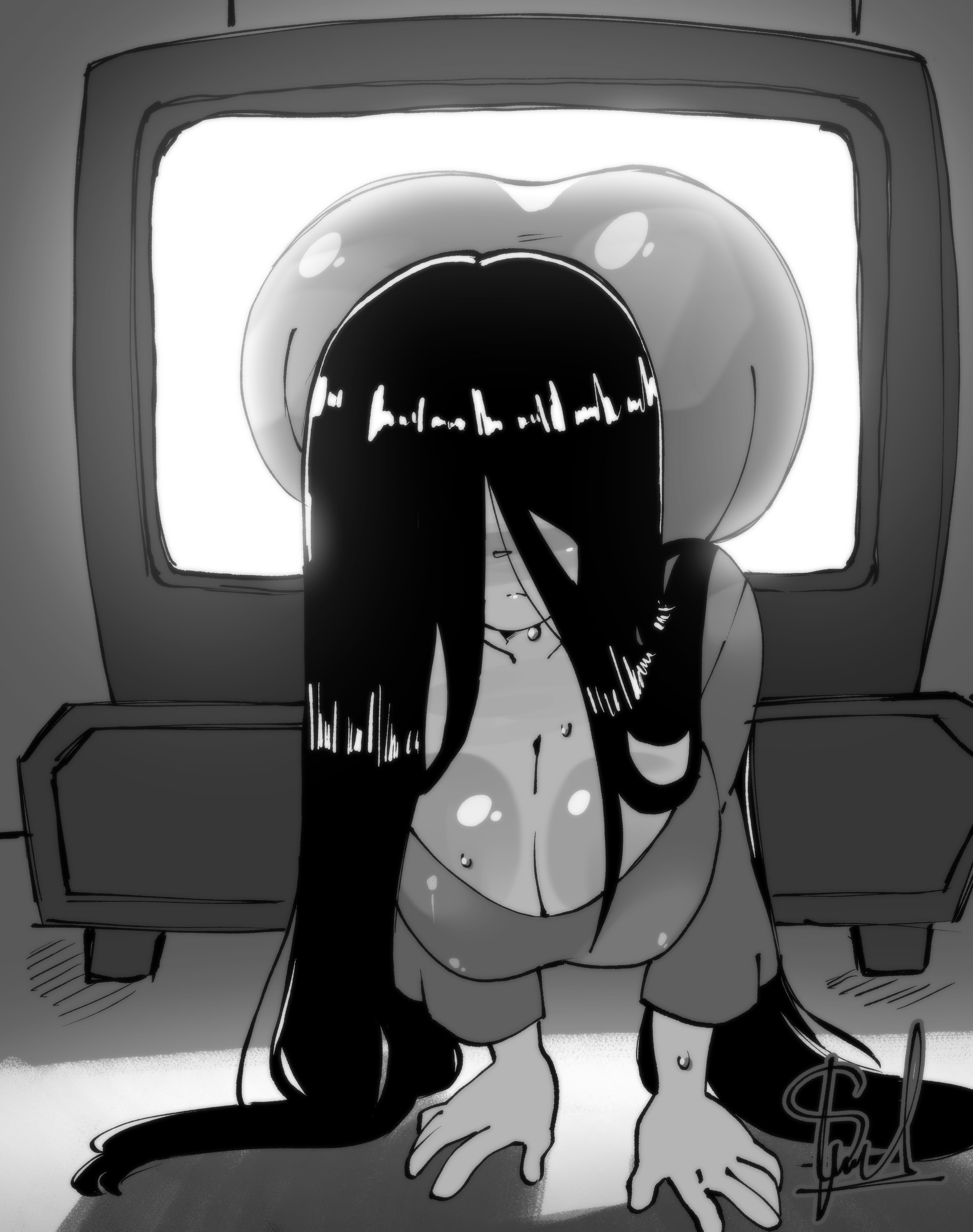 ass, black hair, breasts, cleavage, coming out of tv, crawling, dress, gt animates, hair over eyes, hanging breasts, long hair, sadako yamamura, see-through clothes, see-through clothing, see-through dress, television, the ring, tv, yamamura sadako