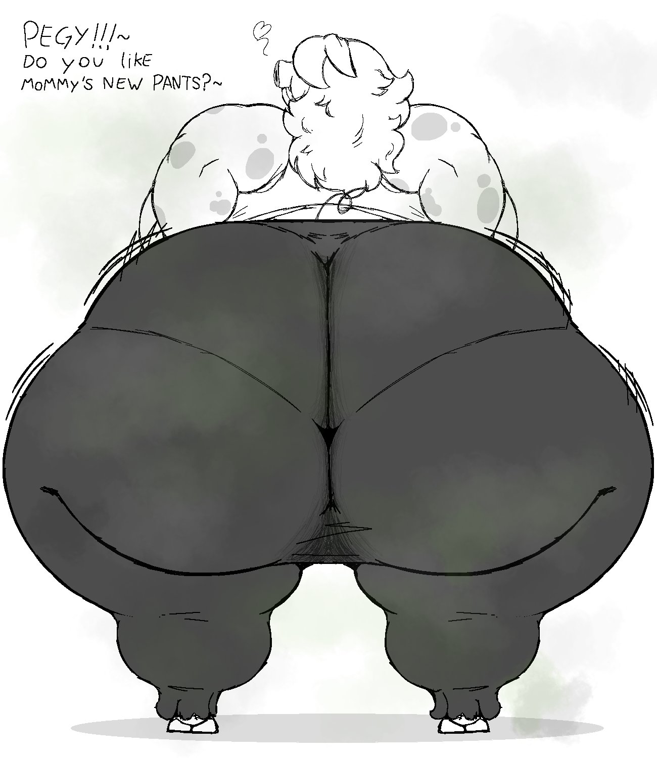 1girls, alternate version available, anthro, ass, ass bigger than head, behind view, big ass, big breasts, big butt, black and white, bottom heavy, breasts, breasts bigger than head, bubble butt, clothing, curvaceous, curvy, curvy figure, dialogue, english text, female, female only, fully clothed, furry, hair over eyes, heart, hooves, huge ass, huge breasts, hyper ass, long hair, looking back, lulusan98, musk, musk clouds, musky butt, pegy's mom (lulusan98), pig, sketch, smelly, solo, solo female, sus (pig), tail, text, thick thighs, voluptuous, voluptuous female, white background, wide hips