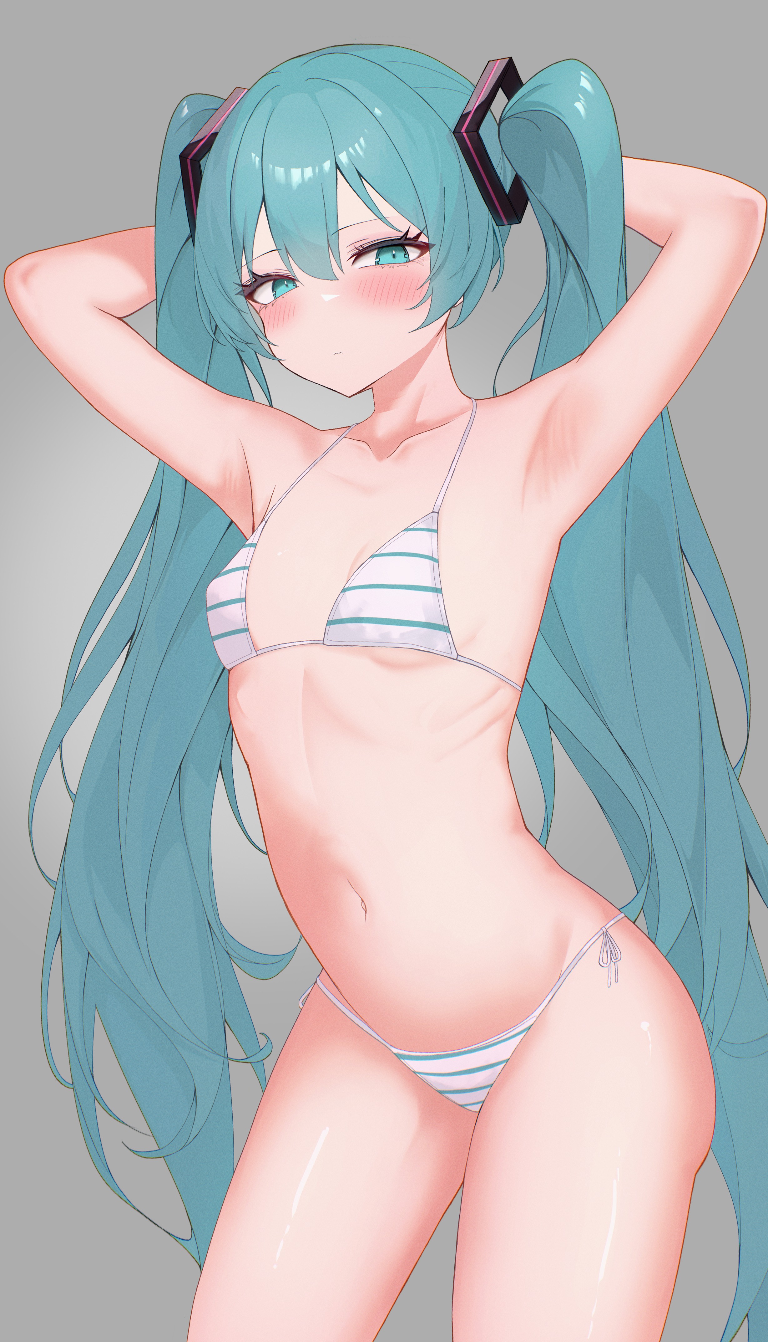 1girl, 1girls, absurdly long hair, aqua eyes, aqua hair, arm behind head, armpit, armpit crease, armpit peek, armpits, arms behind head, arms up, bare armpits, bare arms, bare belly, bare chest, bare hips, bare legs, bare midriff, bare navel, bare shoulders, bare skin, bare thighs, belly, belly button, bikini, bikini bottom, bikini only, bikini top, blue bikini, blue bikini bottom, blue bikini top, blue eyebrows, blue eyes, blue hair, blue string bikini, blue swimsuit, blue swimwear, blue-eyed female, blue-haired female, blush, blush face, blushing at viewer, blushing female, blushing lines, breasts, collarbone, cowboy shot, cyan eyes, cyan hair, cyan-eyed female, cyan-haired female, digital, digital art, digital drawing, digital drawing (artwork), digital media, digital media (artwork), double-parted bangs, eikawa suru, elbows, exposed armpits, exposed arms, exposed belly, exposed chest, exposed hips, exposed legs, exposed midriff, exposed navel, exposed shoulders, exposed skin, exposed thighs, female, female focus, female only, flat belly, flat breasts, flat chest, flat chested, grey background, groin, hair between eyes, hairless armpits, half-closed eyes, halterneck, hand behind head, hands behind head, hatsune miku, high resolution, highres, kawasuru, lean figure, linea alba, long hair, looking at viewer, midriff, narrow waist, navel, nipple bulge, petite, petite body, petite breasts, petite female, petite tits, posing, posing for the viewer, posing naked, posing nude, ribs, shaved armpits, shoulders, side-tie bikini, side-tie bikini bottom, simple background, skinny, skinny female, skinny waist, slender body, slender waist, slim waist, small breasts, smooth chest, solo, standing, stomach, string bikini, striped, striped bikini, striped bikini bottom, striped bikini top, striped string bikini, striped swimsuit, striped swimwear, swimsuit, swimwear, thick thighs, thighs, twintails, twintails (hairstyle), upper body, very long hair, very long-haired female, vocaloid, white bikini, white bikini bottom, white bikini top, white string bikini, white swimsuit, white swimwear