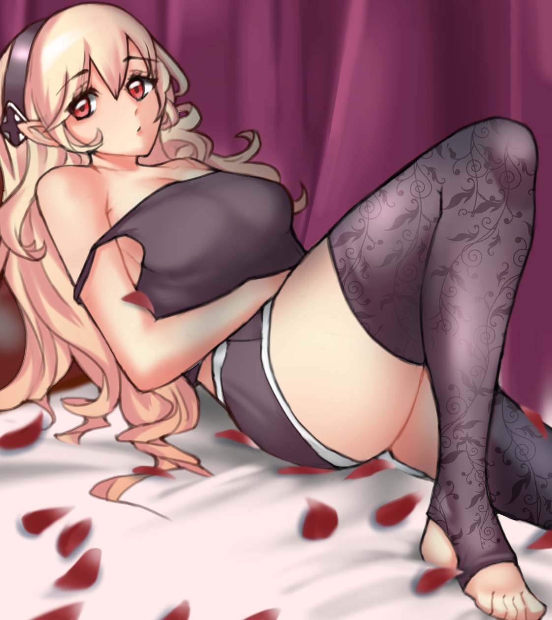1340smile, 1girls, bare shoulders, bare thighs, blonde hair, breasts, corrin (fire emblem), corrin (fire emblem) (female), female, fire emblem, fire emblem fates, hair between eyes, hairband, large breasts, long hair, nintendo, off shoulder, on bed, petals, red eyes, solo, tank top, thighhighs, toeless legwear