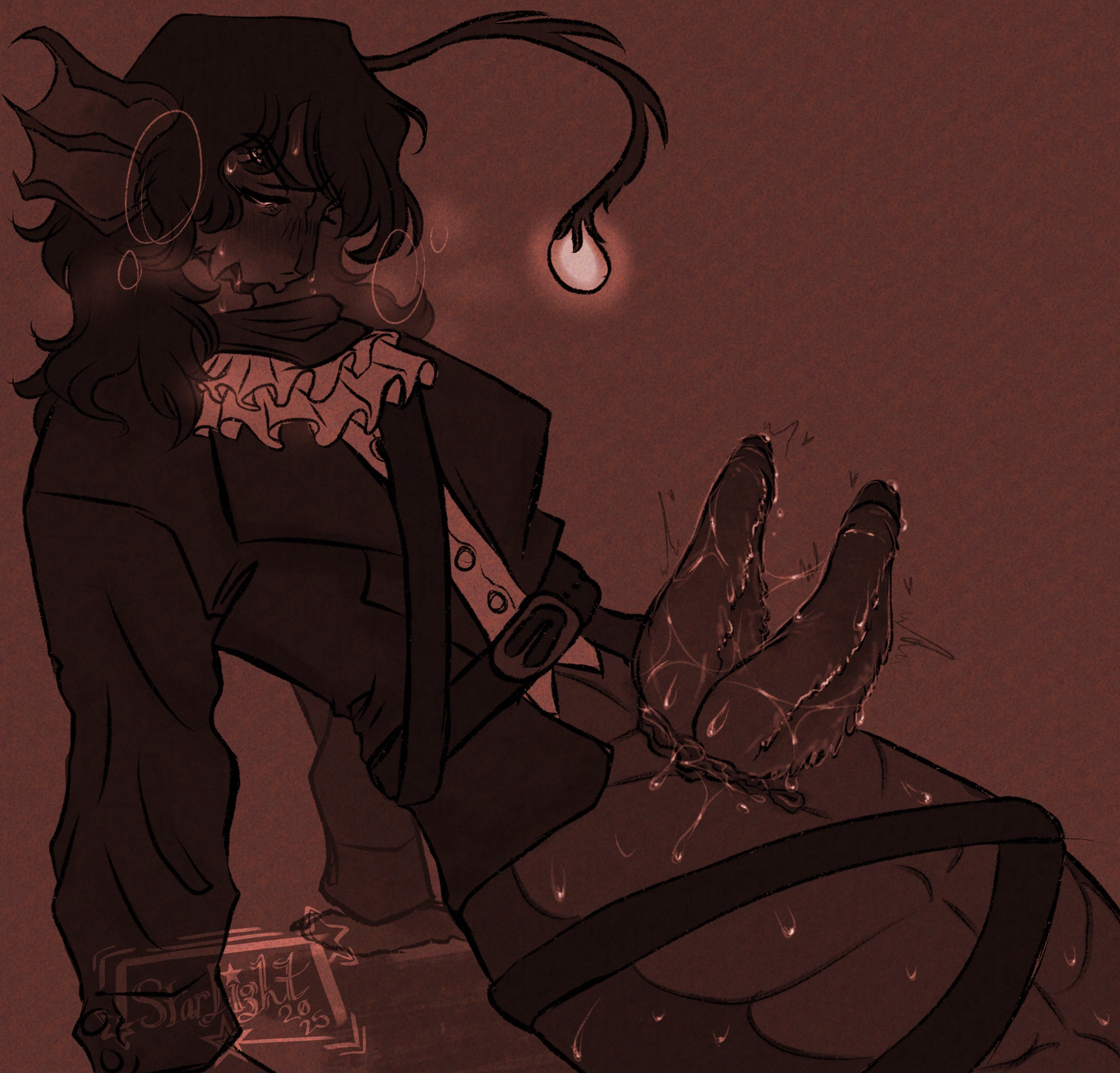 1boy, 1male, 1monster, 2 penises, 2025, 2d, 2d (artwork), 2d artwork, 3 eyes, bluesky link, blush, blushing male, clothed, clothed male, clothing, cock, cock out, dated, digital, digital art, digital drawing, digital drawing (artwork), digital media, digital media (artwork), diphallia, diphallism, ear fins, hemipenes, jabot, jacket, lure (anatomy), male, male focus, merfolk, merman, monster, multi eye, multi genitalia, multi penis, open mouth, penis, penis out, precum, pressure (roblox), roblox, roblox game, scarf, sebastian solace, solo, solo focus, solo male, sp1cyst4r, steamy breath, sweat, sweatdrop, sweating, sweaty, throbbing penis, trembling penis, watermark, wet penis