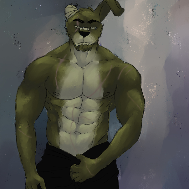 1boy 2021 5_fingers abs anthro bandage bandaged_ear bara barazoku beard big_muscles bottomwear clothing countershade_face countershade_torso countershading facial_hair fingers five_nights_at_freddy's five_nights_at_freddy's_3 fur green_body green_fur lagomorph leporid male male_only mammal missing_ear muscular navel nipples pants pants_only pecs pulling_pants_down rabbit shirtless simonsbathtub solo springtrap springtrap_(fnaf) tan_body tan_fur video_games