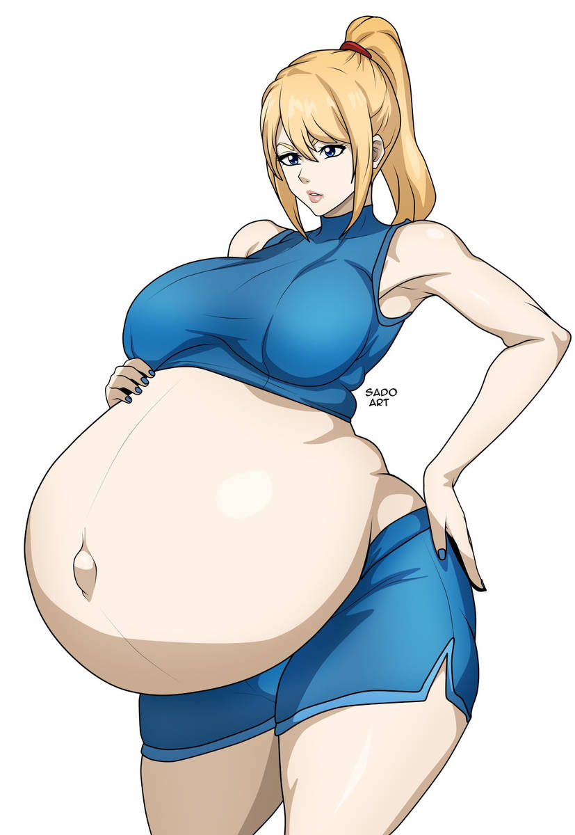 blonde female, blonde hair, blue eyes, female, hyper belly, metroid, nintendo, ponytail, pregnant, pregnant female, sado art, samus aran, sports bra, zero suit samus