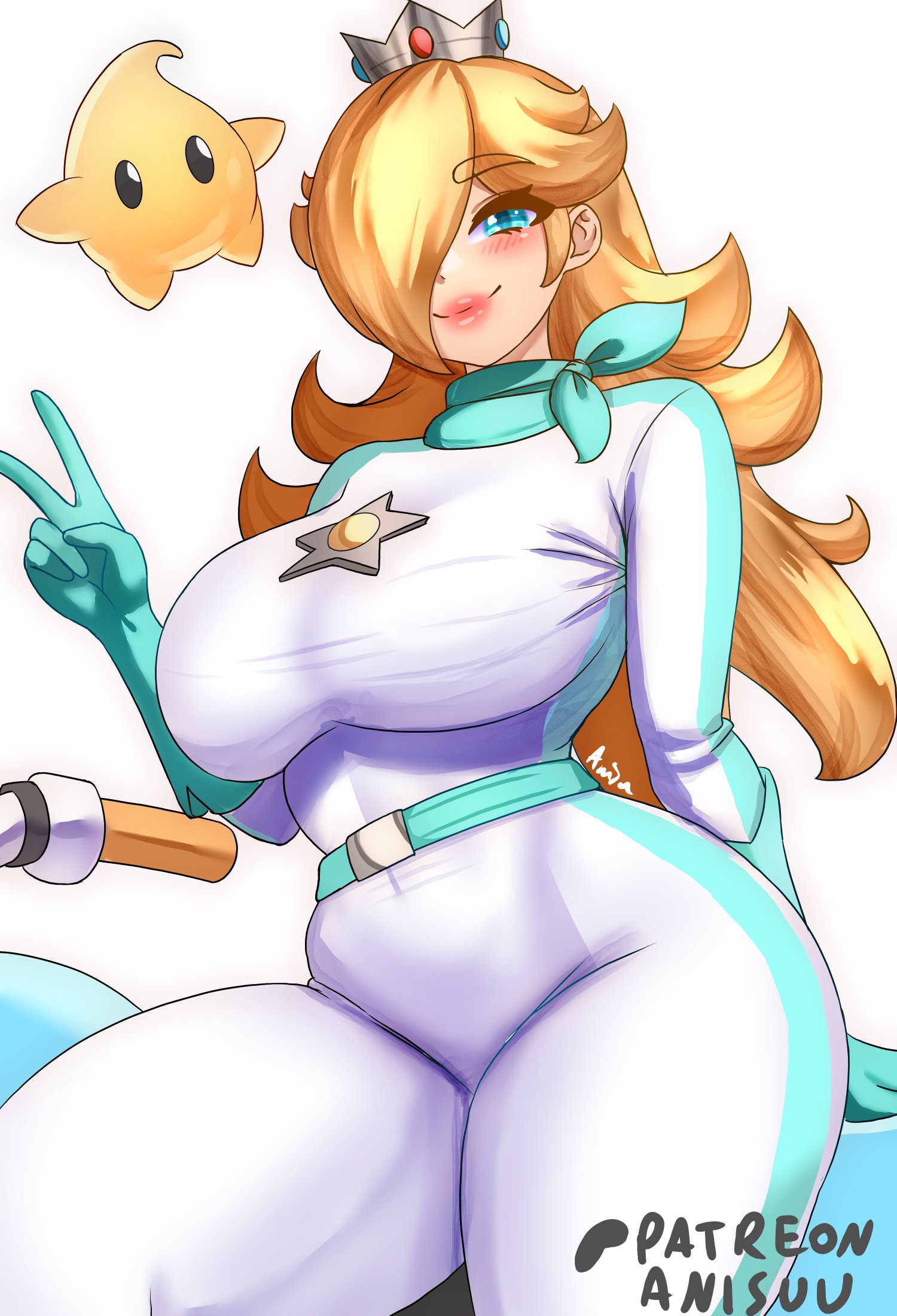 1girls, 5 fingers, anisdrawn, big breasts, blonde hair, blue eyes, bodysuit, breasts, busty, cleavage, enormous breasts, female, female focus, female only, hand on hip, hi res, jpeg, large breasts, legs, light skin, light-skinned female, long hair, looking at viewer, luma, mario (series), mario kart, mario kart world, official alternate costume, princess rosalina, princess rosalina (aero), smile, solo, thick thighs, thighs, toned, white background, wide hips