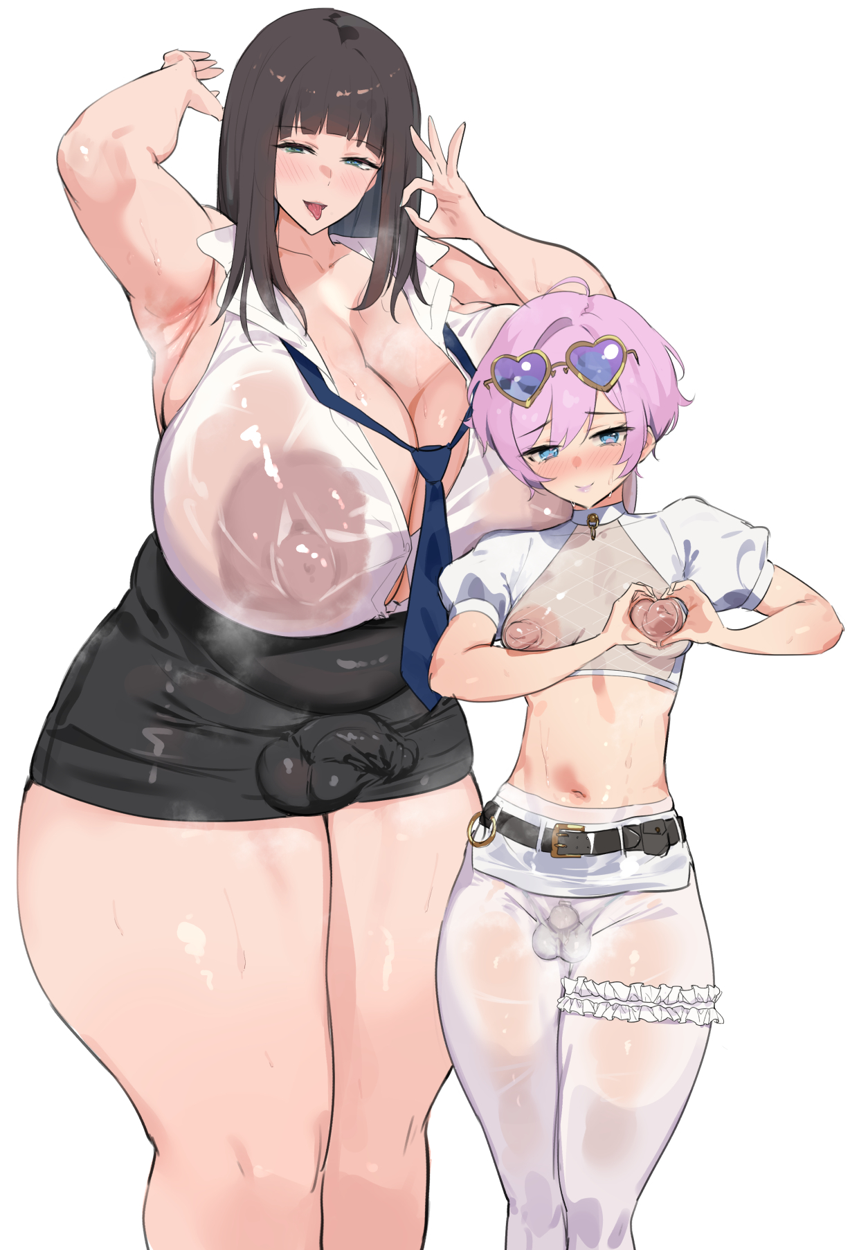 2futas, arm up, armpits, belly, belly button, blue eyes, blush, blush lines, breasts, brown hair, caged futa, chastity cage, chastity device, cleavage, crop top, curvy, dickgirl, eyewear, eyewear on head, fellatio gesture, fishnet clothing, fishnet topwear, futa only, futanari, gigantic breasts, glasses, glasses on head, heart gesture, height difference, hi res, intersex, large areolae, light skin, light-skinned futa, lipstick, long nipples, looking at viewer, nipples, nub chastity cage, original, original character, paid reward available, pants, partially clothed, partially clothed futa, penis, penis size difference, plump, puffy nipples, purple lipstick, revealing clothes, see-through, seitoedaha, shirt, short hair, shorter futa, size difference, skirt, small breasts, small penis, stomach, sweat, tall futa, taller futa, thick thighs, thighs, tie, tongue, tongue out, wide hips