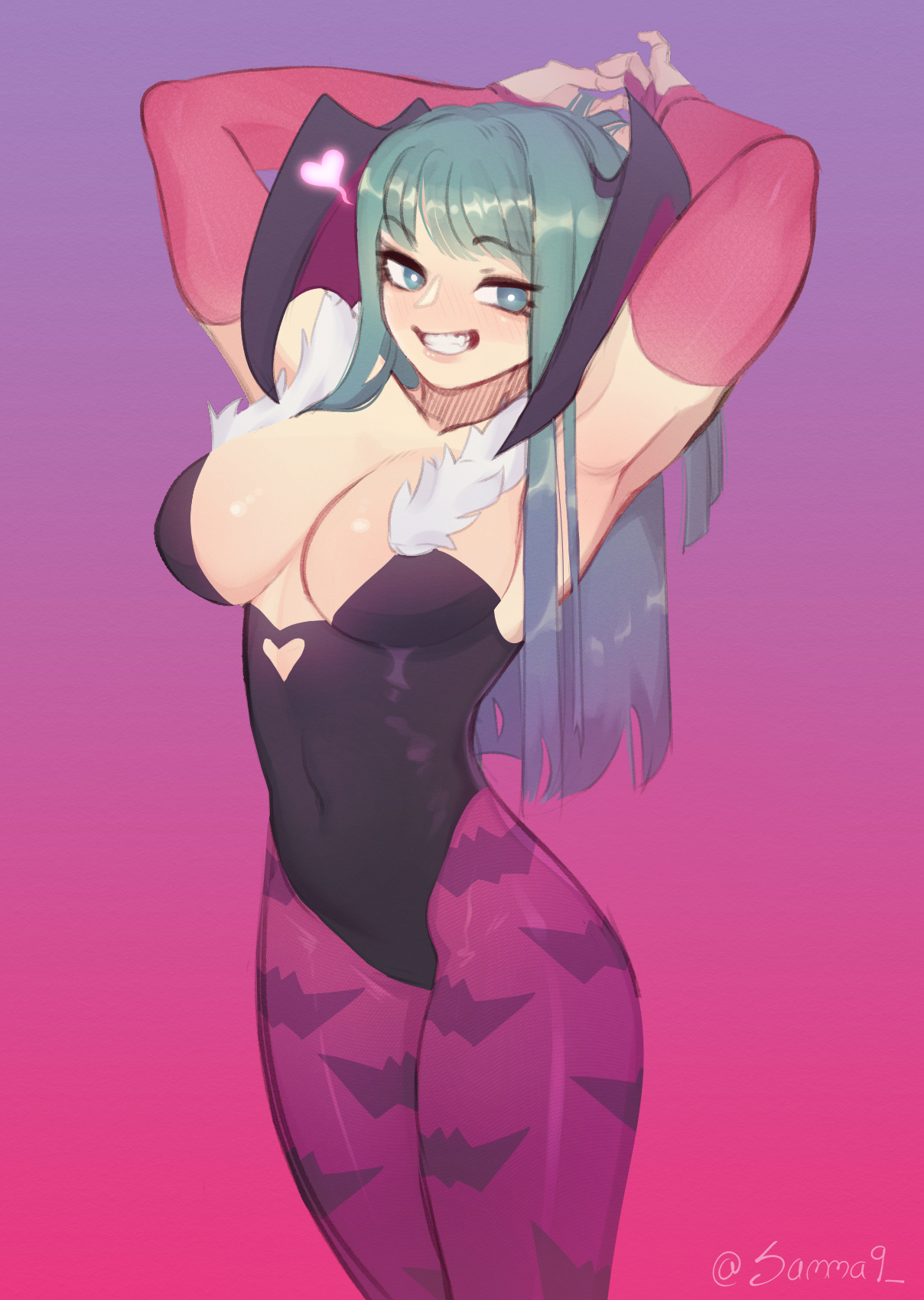 1girls, arm gloves, armpits, arms above head, bat print, blush, breasts, capcom, cleavage, clothing, darkstalkers, demon, female, female only, green eyes, green hair, head wings, heart, heart shape, hi res, leotard, long hair, looking at viewer, medium breasts, morrigan aensland, pantyhose, pink pantyhose, samma9, smiling, smiling at viewer, smug, solo, solo female, succubus, teeth showing