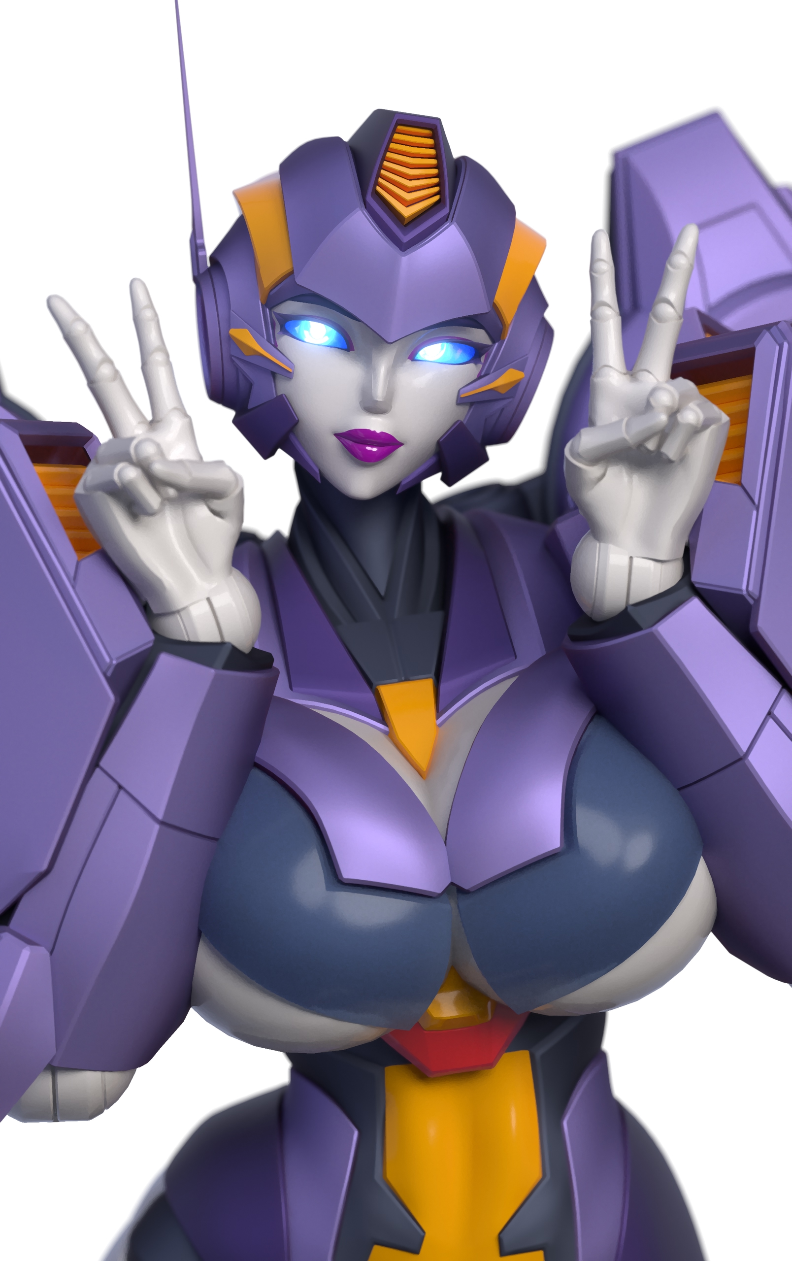 1girls, 3d, 3d (artwork), big breasts, blue eyes, boob window, breasts, double peace sign, female, glowing eyes, high resolution, highres, nautica, peace sign, purple lipstick, robot, robot girl, robot humanoid, simple background, solo, solo female, transformers, trawert, underboob, white background, white skin