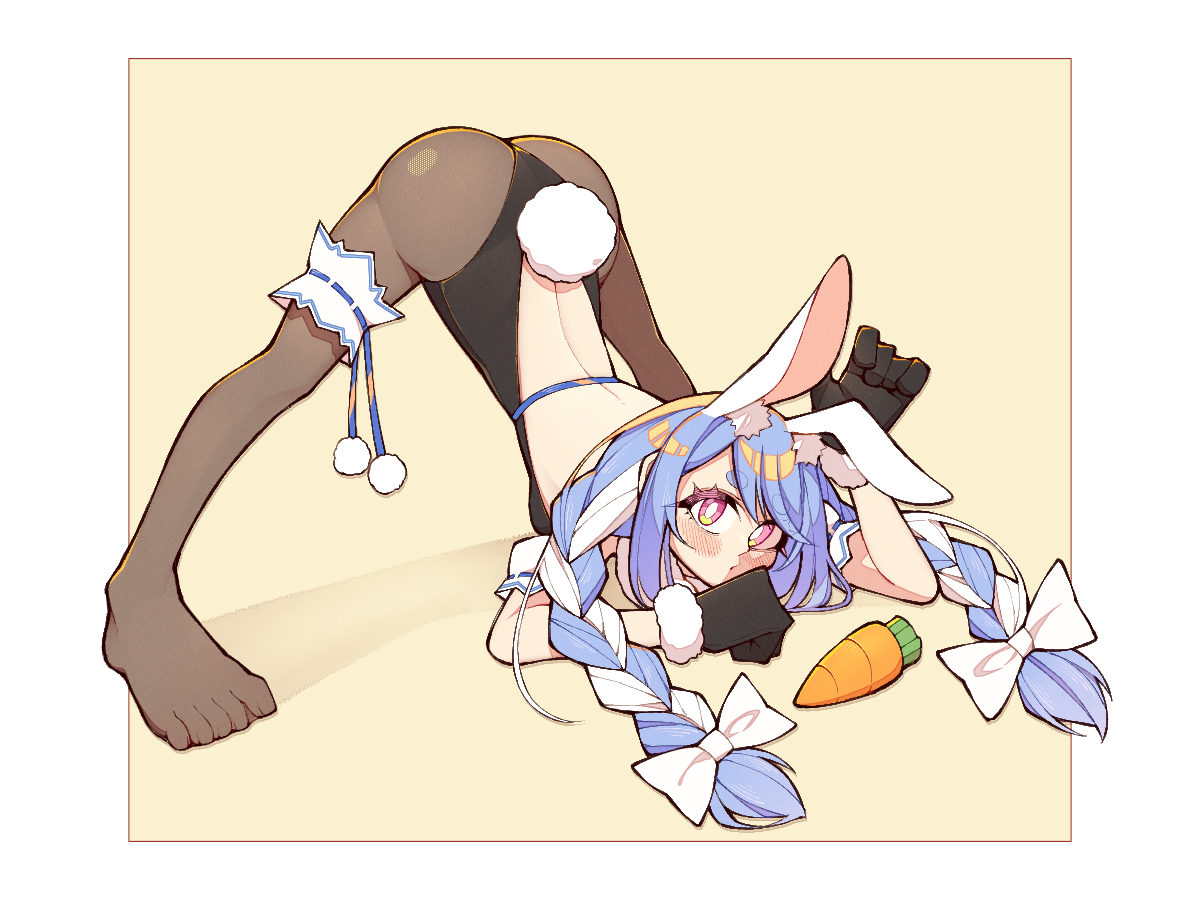 1girls, ass, ass up, back, bare back, black leotard, blue hair, bunny ears, bunny girl, bunny tail, bunnysuit, carrot, clothed, feet, female, female focus, female only, gloves, hololive, hololive fantasy, hololive japan, jack-o pose, jackochallenge, legs apart, leotard, long hair, looking at viewer, multicolored hair, pantyhose, pink eyes, solo, solo female, thong, usada pekora, virtual youtuber