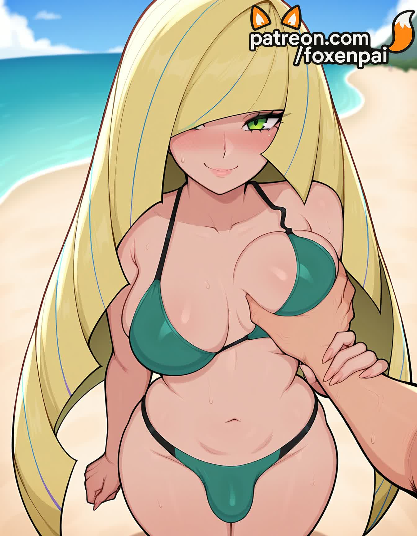 1futa, 2025, ai generated, artist name, beach, bikini, blonde hair, blue sky, breast grab, breasts, bulge, bust, chest, cloud, day, foxenpai, futanari, grabbing, green eyes, guided breast grab, hi res, high quality, high resolution, highres, horizon, intersex, long hair, lusamine (pokemon), navel, ocean, patreon, patreon username, pokemon, pov, sky, smile, solo focus, stable diffusion, sweat, swimsuit, very long hair, watermark
