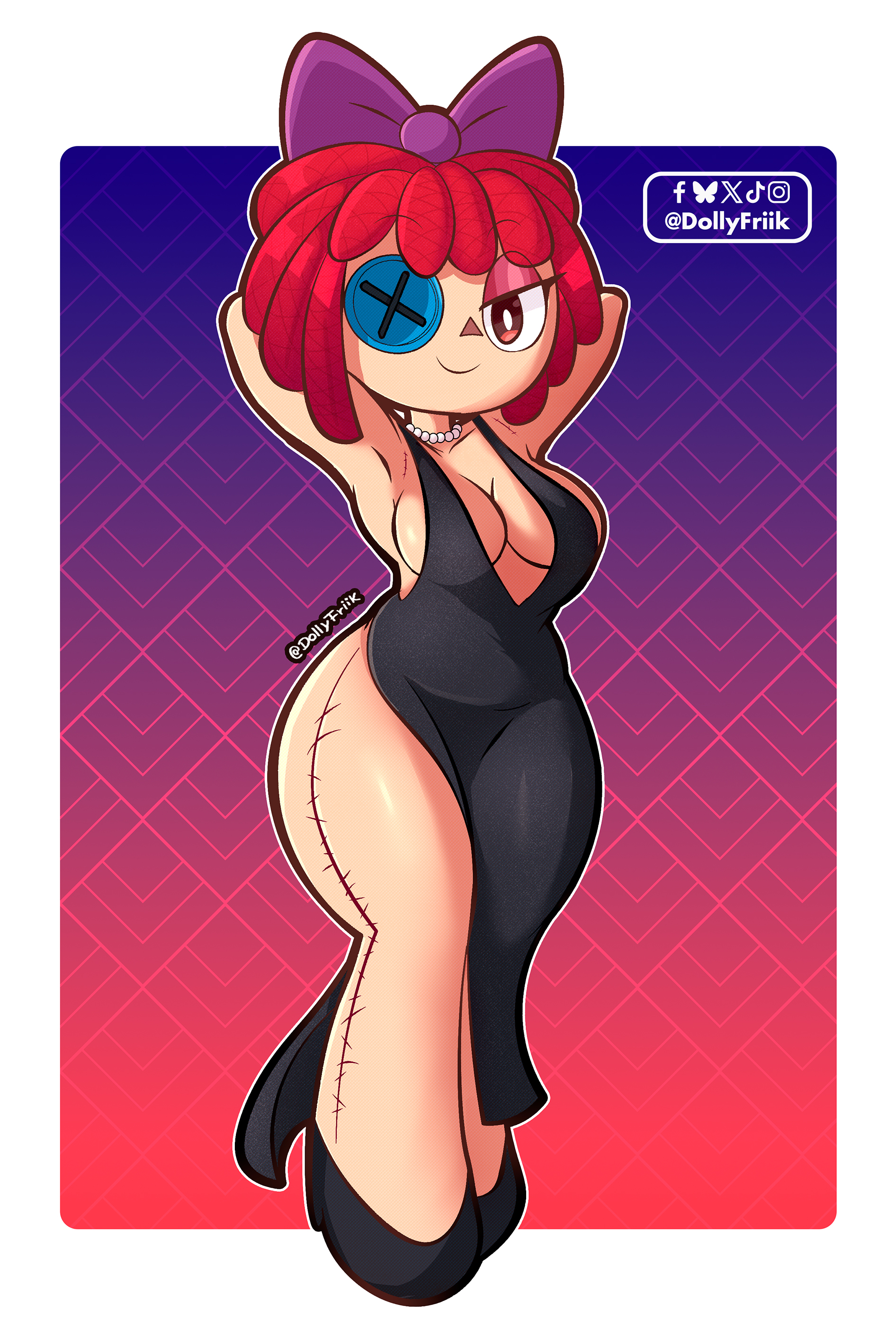 :), 1girls, armpits, black dress, black high heels, breasts, button eye, curvy, cute, doll, doll girl, dollyfriik, female, glitch productions, high heels, legs, ragatha (pub outfit), ragatha (tadc), ragatha (the amazing digital circus), red hair, redhair, redhead female, smile, smiling, smiling at viewer, solo, solo female, tadc, the amazing digital circus, thighs