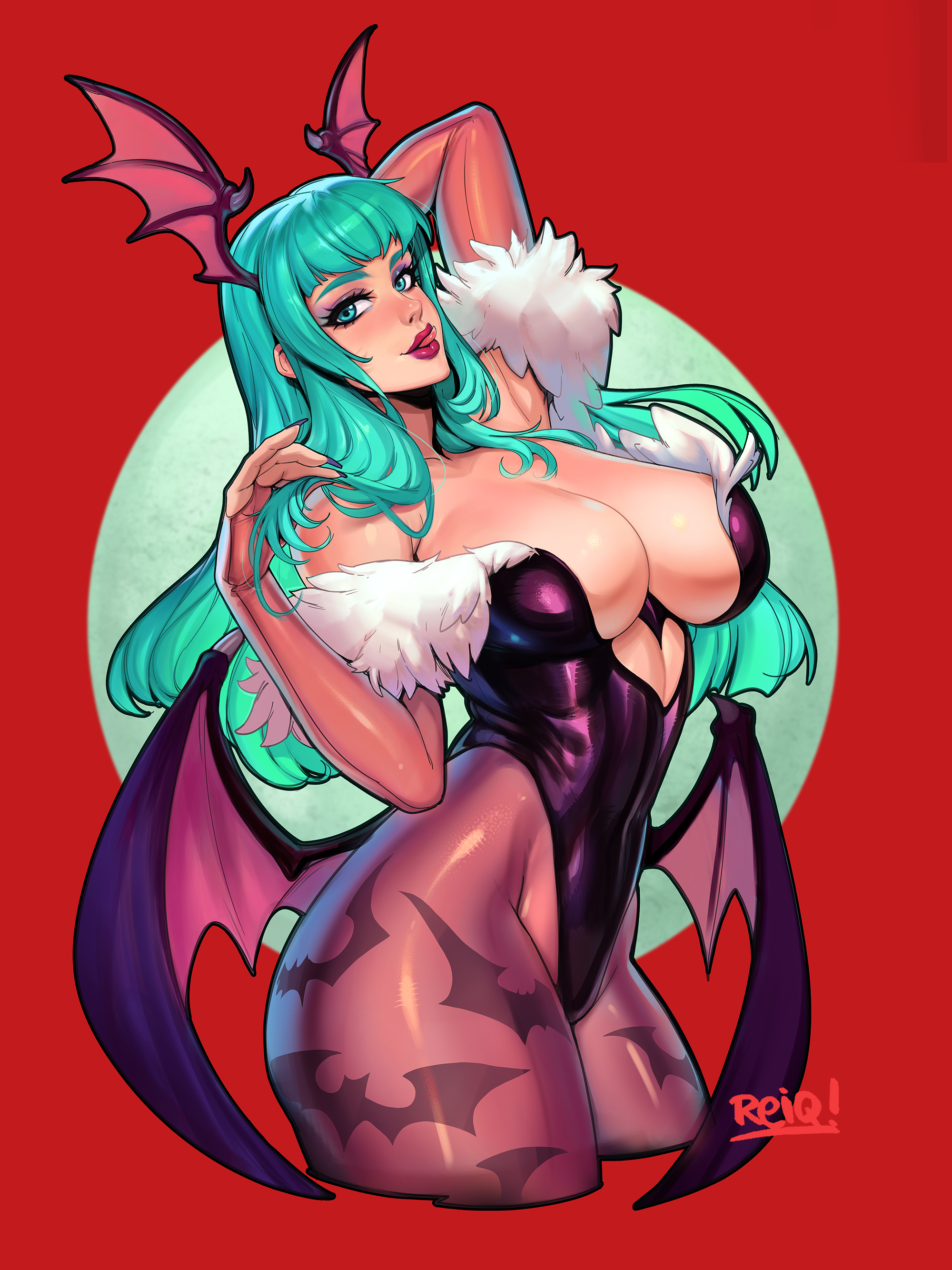 1girls, bare shoulders, bat print, bat wings, breasts, bridal gauntlets, cleavage, clothing, darkstalkers, demon, female, fur trim, green hair, head wings, large breasts, leotard, licking lips, looking at viewer, makeup, morrigan aensland, pantyhose, reiq, solo, solo female, succubus