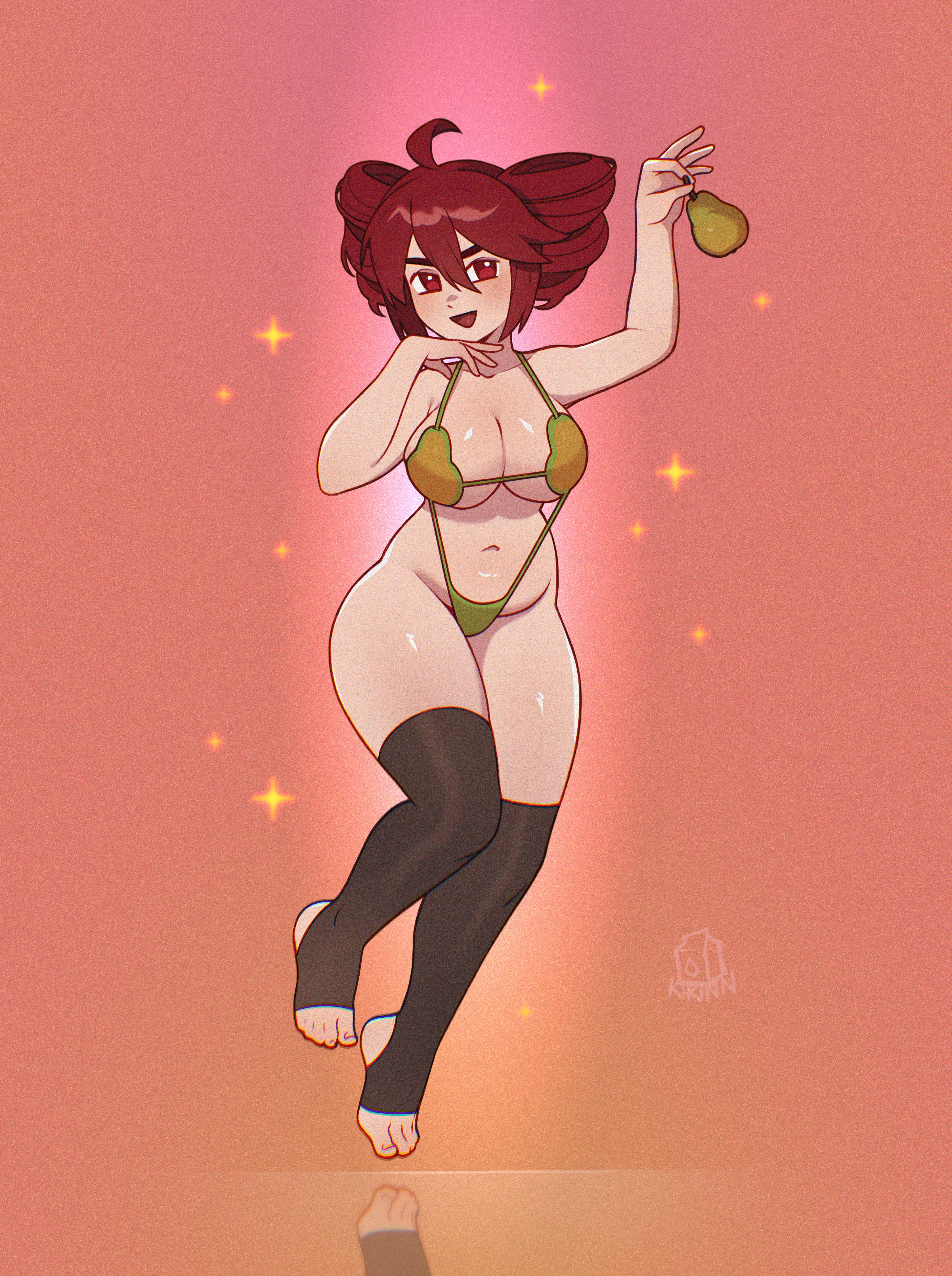 1girls, 2d, 2d (artwork), ahoge, arm up, barefoot, belly, big breasts, big thighs, bikini, blush, breasts, chubby, chubby female, cleavage, curvaceous, curvy, curvy female, curvy figure, eyebrows, fat thighs, feet, female, female only, fruit, holding object, huge breasts, huge thighs, kasane teto, large breasts, large thighs, milkykirinn, navel, one-piece swimsuit, open mouth, pear, plump, plump breasts, plump thighs, red eyes, red hair, shiny skin, simple background, slim waist, sling bikini, smug, smug face, solo, solo female, sparkles, thick eyebrows, thick thighs, thighhighs, thighs, twin drills, utau, voluptuous, voluptuous female, wide hips