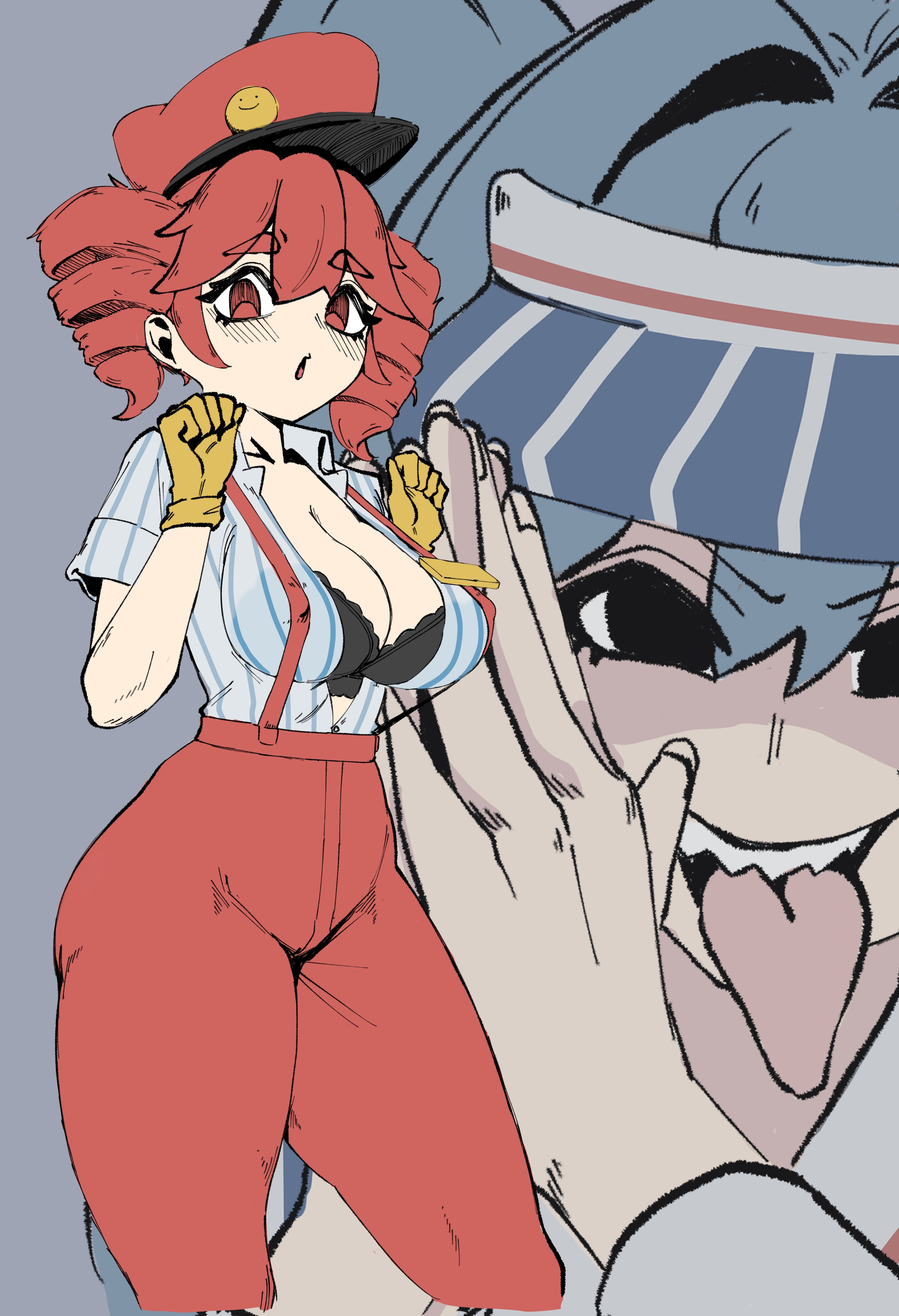 1girl, 2d, 2d (artwork), 2girls, ass, ass visible from the front, big ass, big breasts, big thighs, black bra, blouse, blue background, blush, blush lines, bra, breasts, cleavage, collared shirt, curvaceous, curvy, curvy female, curvy figure, drill hair, erect nipples, erect nipples under clothes, fat thighs, female, female focus, female only, freaky, gino neko, gloves, hair between eyes, hat, hatsune miku, high waisted pants, high-waist pants, huge ass, huge breasts, huge thighs, kasane teto, kasane teto (sv), large ass, large breasts, large thighs, looking at viewer, mesmerizer (vocaloid), mesmerizer miku, mesmerizer teto, nipple bulge, open blouse, open mouth, open shirt, pants, red eyes, red hair, red headwear, shirt, short sleeves, simple background, striped, surprised, surprised expression, suspenders, synthesizer v, thick thighs, thighs, tight clothing, tight pants, tongue, tongue out, twin drills, underwear, utau, vocaloid, voluptuous, voluptuous female, wide hips, yellow gloves