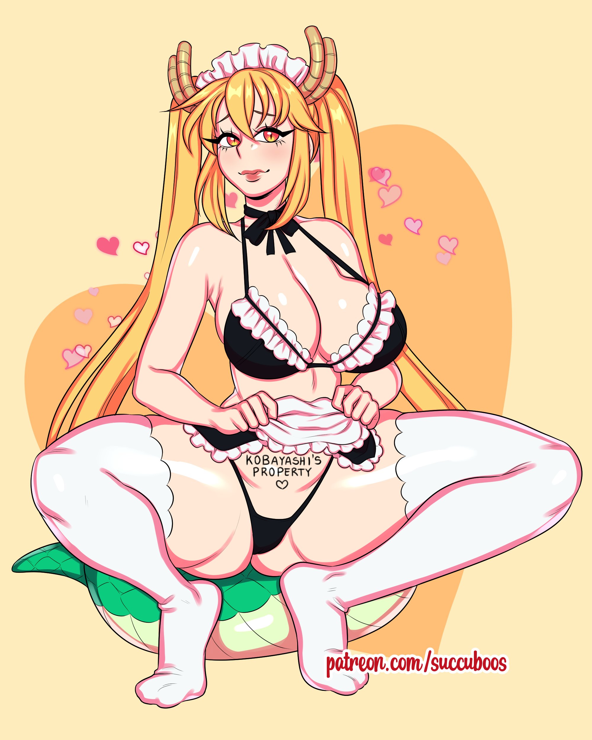 1girls, blonde hair, body writing, bowtie, bra, breasts, cleavage, female, female only, femsub, horns, large breasts, lingerie, long hair, looking at viewer, maid, maid headdress, miss kobayashi's dragon maid, nervous smile, panties, shy smile, skirt lift, slit pupils, smile, solo, squatting, succuboos, tail, thighhighs, tohru (dragon maid), twintails