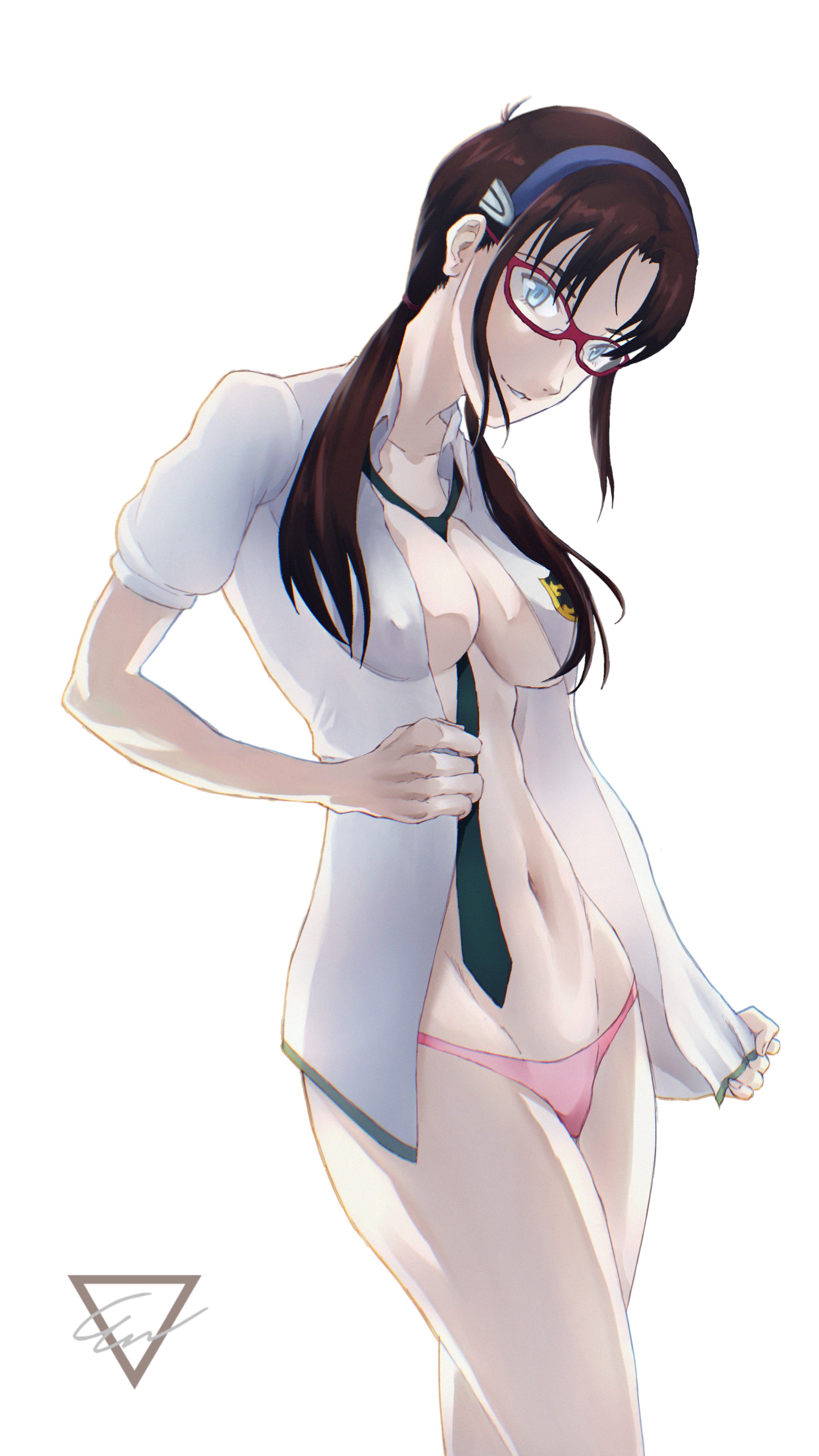 1girls, bare arms, bare belly, bare chest, bare hands, bare hips, bare legs, bare midriff, bare navel, bare skin, bare thighs, belly, belly button, big breasts, black necktie, blue eyes, blue-eyed female, breasts, brown eyebrows, brown hair, brown-haired female, busty, busty female, cleavage, collarbone, curvaceous, curvaceous body, curvaceous female, curvaceous figure, curvaceous hips, curvy, curvy body, curvy female, curvy figure, curvy hips, digital, digital art, digital drawing, digital drawing (artwork), digital media, digital media (artwork), elbows, ethanarts2019, exposed arms, exposed belly, exposed chest, exposed hips, exposed legs, exposed midriff, exposed navel, exposed skin, exposed thighs, exposing, exposing breasts, exposing chest, exposing self, female, female focus, female only, fingernails, fingers, glasses, glasses on face, glasses on head, groin, hair clip, hairband, hairclip, half naked, half nude, head tilt, high resolution, highres, hourglass figure, inframammary fold, inguinal crease, inguinal ligament, large boobs, large breasts, lean figure, linea alba, long hair, looking at viewer, makinami mari illustrious, mari illustrious makinami, midriff, naked, naked female, naked shirt, naked woman, narrow waist, navel, necktie, neon genesis evangelion, nipple bulge, nude, nude female, nudity, open clothes, open clothing, open shirt, open topwear, panties, parted bangs, parted lips, pink panties, pink underwear, plump breasts, semi nude, shirt, shoulders, showing breasts, showing chest, showing nipple, sidelocks, simple background, slender body, slender waist, slim waist, smile, smiley face, smiling, smiling at viewer, solo, standing, stomach, thick thighs, thighs, tilted head, twintails, twintails (hairstyle), unbuttoned, unbuttoned shirt, underwear, undressing, undressing self, upper body, white background, white shirt, white topwear, wide hips