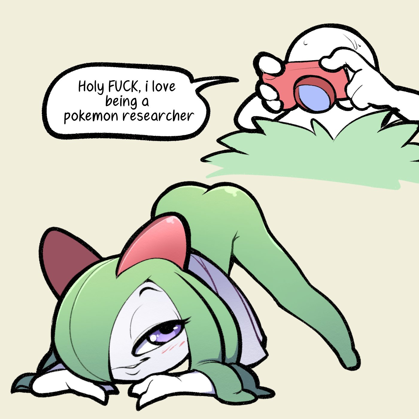 2021, ambiguous gender, ass, ass up, camera, duo, faceless character, faceless human, female, female focus, front view, green body, green hair, green skin, hair, hair over eye, hi res, human, humanoid, itsunknownanon, jack-o pose, kirlia, mammal, nintendo, one eye obstructed, pokémon (species), pokemon, pokemon (species), purple eyes, solo focus, taking picture, unprofessional behavior, video games