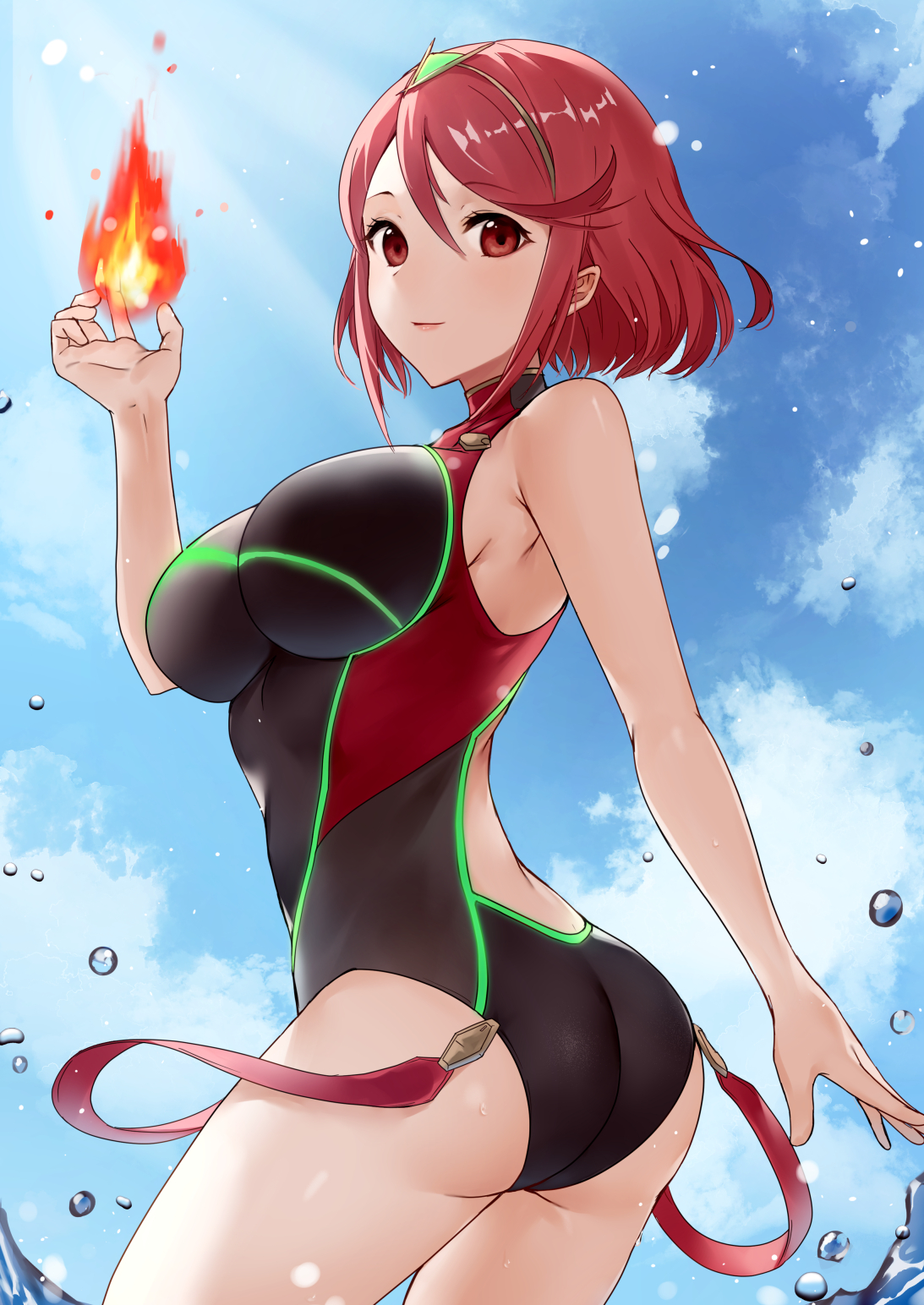 1girls, beach, female, female focus, female only, haru (nakajou-28), human, human focus, human only, one-piece swimsuit, pyra, solo, solo female, solo focus, swimsuit, xenoblade (series), xenoblade chronicles 2
