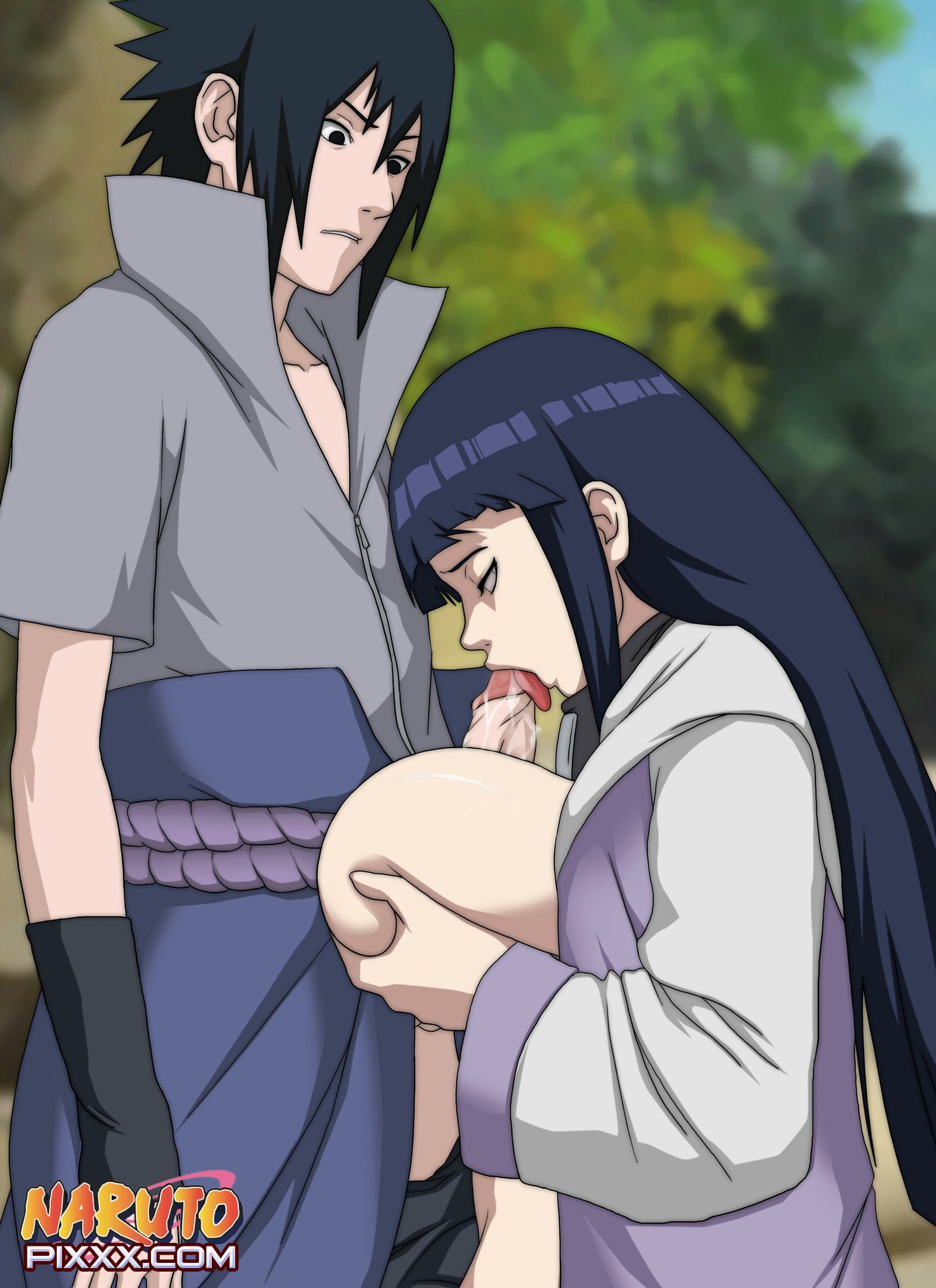 big breasts, black hair, blowjob, breasts, cheating, female, huge breasts, hyuuga hinata, large penis, male, naruto, naruto (series), naruto shippuden, paizuri, penis, sasuke uchiha, titjob, tongue, uchiha sasuke, veiny penis
