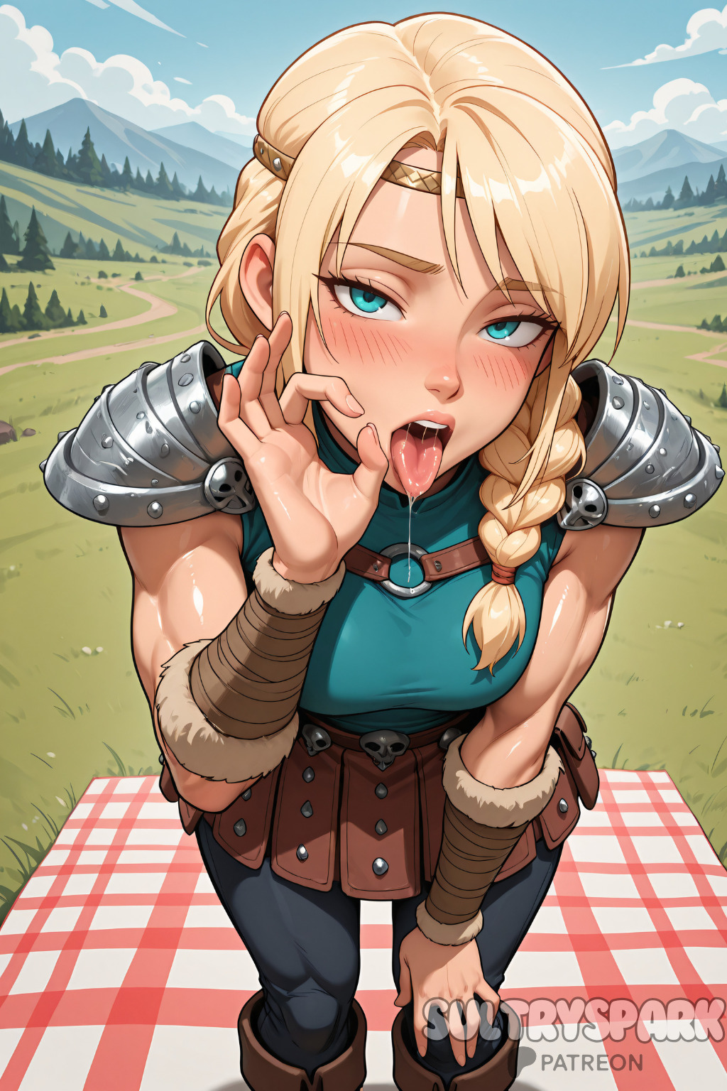 1girls, ai generated, armor, astrid hofferson, blonde, blonde female, blonde hair, blonde-haired female, blowjob gesture, blue eyes, blush, blush lines, blushing, blushing female, boots, braid, braided hair, braids, breasts, curvaceous, curvaceous body, curves, curvy, curvy body, curvy female, curvy figure, day, dreamworks, fellatio gesture, female, female only, futarush, hair over shoulder, heroine, hourglass figure, how to train your dragon, how to train your dragon 2, jerkoff visual assistance, light skin, light-skinned female, long hair, looking at viewer, mouth, mouth open, muscular, muscular female, open mouth, oral invitation, outdoors, patreon, patreon username, pauldron, pauldrons, saliva, saliva trail, seductive, seductive eyes, seductive gaze, seductive look, seductive mouth, seductive pose, shoulder armor, single braid, single pauldron, solo, solo female, sultryspark, tongue, tongue out, viking, viking female, voluptuous, voluptuous female, woman