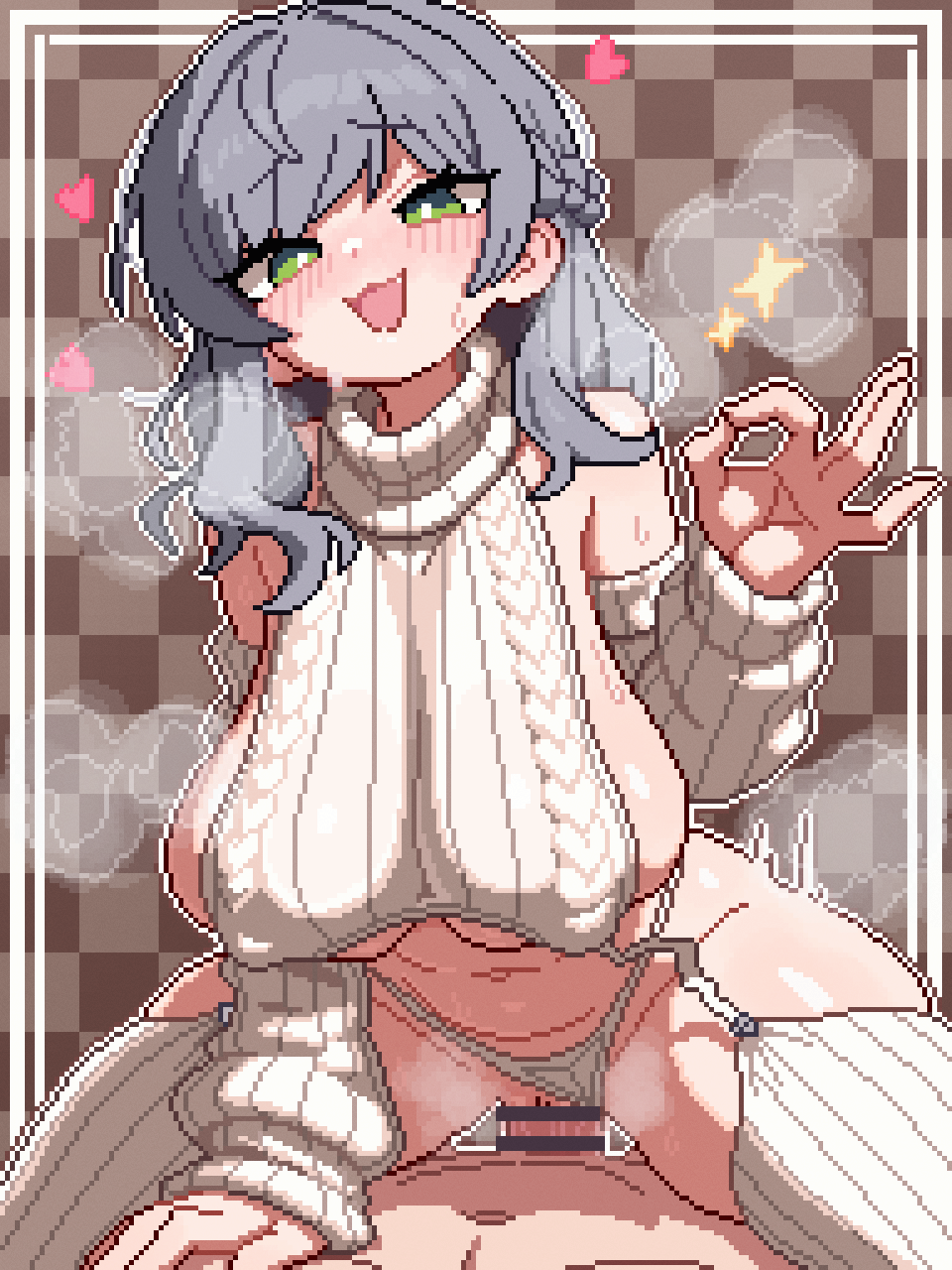 1boy, bar censor, braid, breasts, censored, clothing aside, commission, cowboy shot, cowgirl position, female, green eyes, grey hair, half-closed eyes, heart, highres, large breasts, looking at viewer, male, medium hair, money gesture, open mouth, original, panties, panties aside, penis, pixel art, pixiv commission, prostitution, pussy, raised eyebrows, sh339, side braid, smile, smug, solo focus, star (symbol), steam, steaming body, straddling, sweater, thighhighs, underwear, virgin killer sweater, white panties, white sweater, white thighhighs