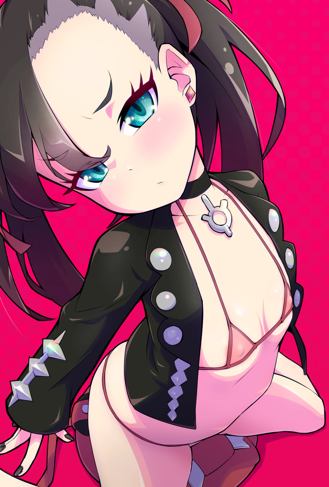 1girls, aqua eyes, asymmetrical bangs, bangs, bikini, black choker, black hair, black jacket, breasts, choker, cleavage, collarbone, creatures (company), female, female focus, female only, game freak, hair ribbon, head tilt, highres, jacket, kneeling, leather, leather jacket, legs, looking at viewer, marnie (pokemon), midriff, navel, neck, nintendo, pale skin, pink bikini, pokemon, pokemon (game), pokemon ss, red background, ribbon, ryuuta (cure ryuuta), skinny, small breasts, swimsuit, thighs, twintails