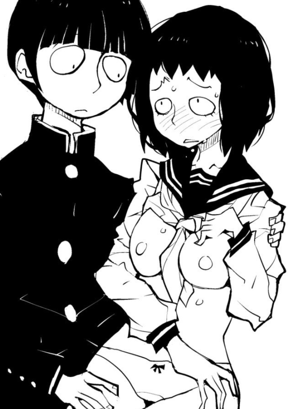 ax g90, breasts, breasts out, exposed breasts, female, highschool, kurata tome, mob, mob psycho 100, schoolgirl, schoolgirl uniform, shigeo kageyama, teenage female, teenager