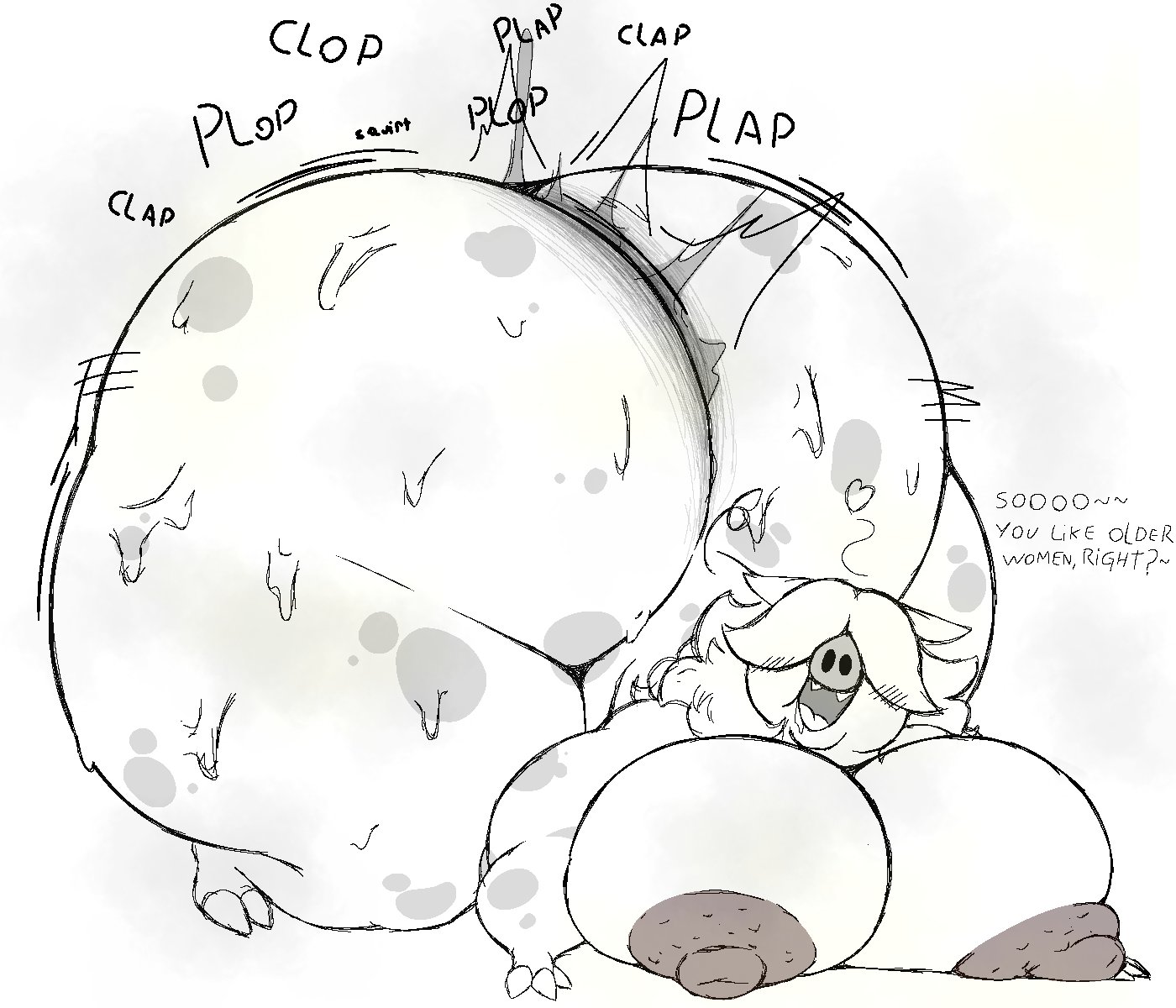 1girls, anthro, areolae, ass, ass bigger than head, big areola, big ass, big breasts, big butt, black and white, bottom heavy, breasts, breasts bigger than head, bubble butt, clapping cheeks, curvaceous, curvy, curvy figure, dialogue, english text, erect nipples, face down ass up, female, female only, furry, hair over eyes, heart, hooves, huge ass, huge breasts, hyper ass, long hair, lulusan98, mature female, milf, montgomery glands, onomatopoeia, open mouth, pegy's mom (lulusan98), pig, plap, sketch, smelly, solo, solo female, sus (pig), sweat, sweaty, sweaty butt, sweaty thighs, tail, text, thick thighs, voluptuous, voluptuous female, white background, wide hips