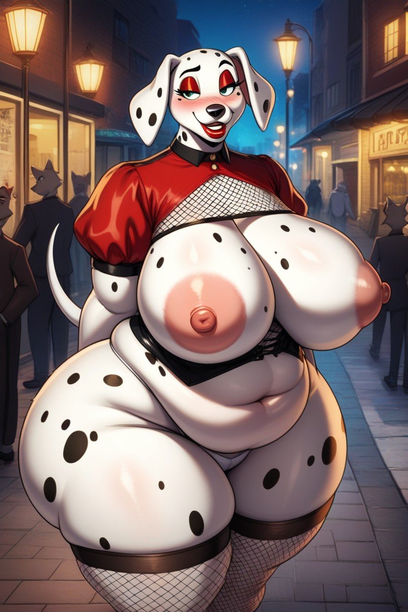 101 dalmatians, 1girls, ai generated, anthro, anthrofied, ass, bbw, belly, big ass, big belly, big breasts, blush, breasts, canine, dalmatian, disney, dog, dog girl, domestic dog, female, fishnet thighhighs, furry, gigantic ass, gigantic belly, gigantic breasts, huge ass, huge belly, huge breasts, hunkbsaa, massive ass, massive belly, massive breasts, mature female, milf, night, night sky, nipples, no bra, outdoors, outside, perdita, pink nipples, prostitute, puffy nipples, spots, spots (marking), spotted body, spotted fur, spotted markings, ssbbw, thick thighs, thighhighs, white body, white fur, wide hips