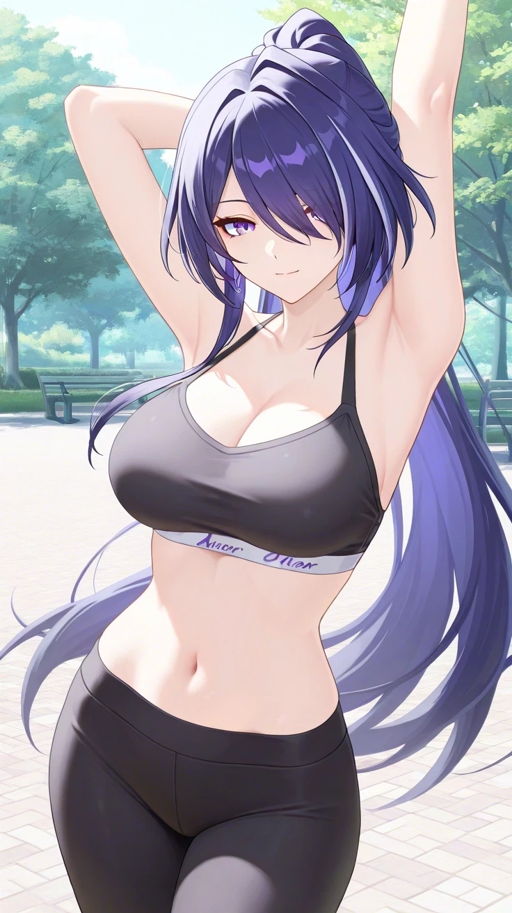 1girls, acheron (honkai: star rail), ai generated, alternate hairstyle, arm up, armpits, arms behind head, bangs, bare shoulders, cleavage, commentary request, day, daytime, female, female focus, female only, hair, hair over one eye, high ponytail, honkai (series), honkai: star rail, hoyoverse, lia the busty redhead, looking at viewer, mature, mature female, midriff, mihoyo, navel, outdoors, outside, park, ponytail, purple eyes, purple hair, seductive, seductive look, seductive smile, self upload, sports bra, sportswear, standing, tagme, tight clothing, yoga pants