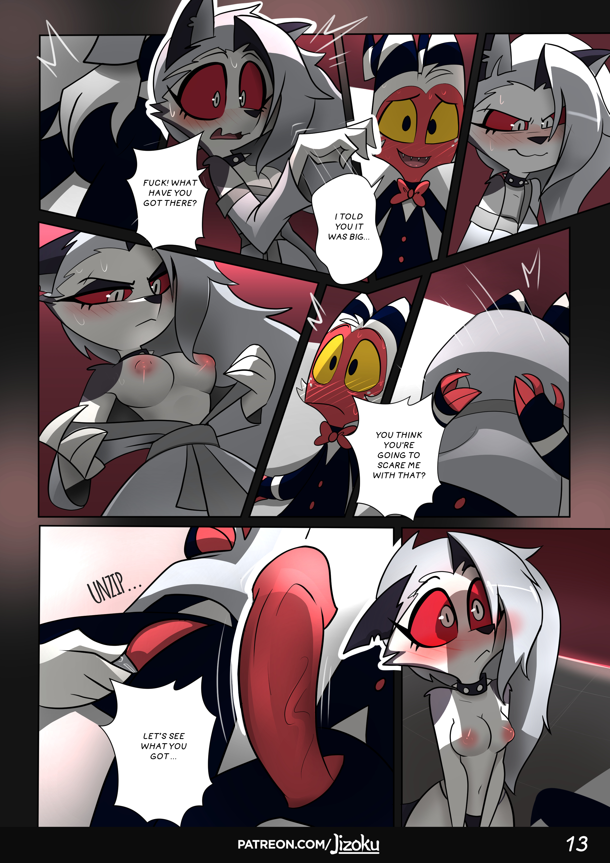 absurd res, anthro, big penis, blush, breasts, canid, canine, cheating, cheating husband, clothed, clothing, cock shock, collar, comic, demon, dialogue, digital media (artwork), duo, english text, female, fox, fur, genitals, grey body, grey fur, hair, half-closed eyes, helluva boss, hi res, hybrid, imp, infidelity, interspecies, jizoku, looking at another, looking at partner, loona (helluva boss), male, male/female, mammal, moxxie (helluva boss), naked robe, narrowed eyes, nipples, notched ear, nude, page 13, panties, partially clothed, patreon username, penis, penis awe, penis shadow, pillow, red body, robe, robe only, shaded, smile, speech bubble, straight, text, two-tone fur, underwear, undressing, unzipping, url, vein, veiny penis, white body, white eyes, white fur, white hair, zipper