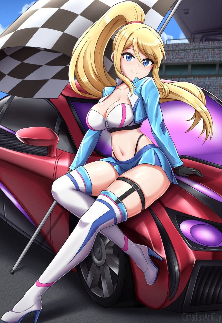 bare midriff, canadiananiguy, car, cleavage, female, female only, high heels, jacket, metroid, midriff, miniskirt, nintendo, race car, race queen, racing queen costume, revealing clothes, samus aran, skirt, stockings, thigh strap, thighhighs, thong straps, zipper