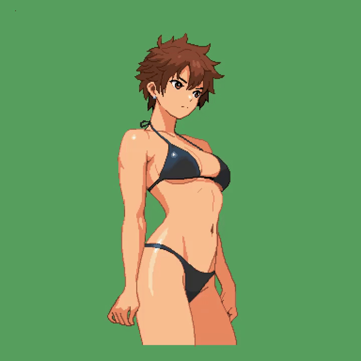 1girls, animated, bare shoulders, belly, belly button, bikini, black bikini, breasts, brown eyes, brown hair, cleavage, curvy, curvy figure, cute, earrings, female, female only, fit, fit female, hourglass figure, official art, picopico256, pixel animation, pixel art, sakuragi kei, shiny skin, short brown hair, short hair, slim, slim female, slim waist, smooth skin, tan, tan body, tan skin, tanned, tanned female, tanned skin, the scramble vice, tomboy