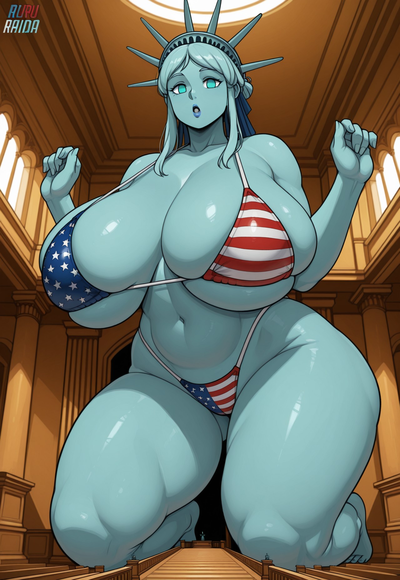1girls, 2025, ai generated, alternate version available, american flag bikini, aqua eyes, aqua lips, aqua lipstick, big ass, big breasts, bikini, bikini bottom, bikini top, blue body, blue skin, breasts, civitai, female, huge breasts, indoors, lipstick, looking at viewer, mature, mature female, milf, open mouth, romeomoon, solo, statue of liberty, suprised, suprised look, thick thighs, thighs, white female, wide hips