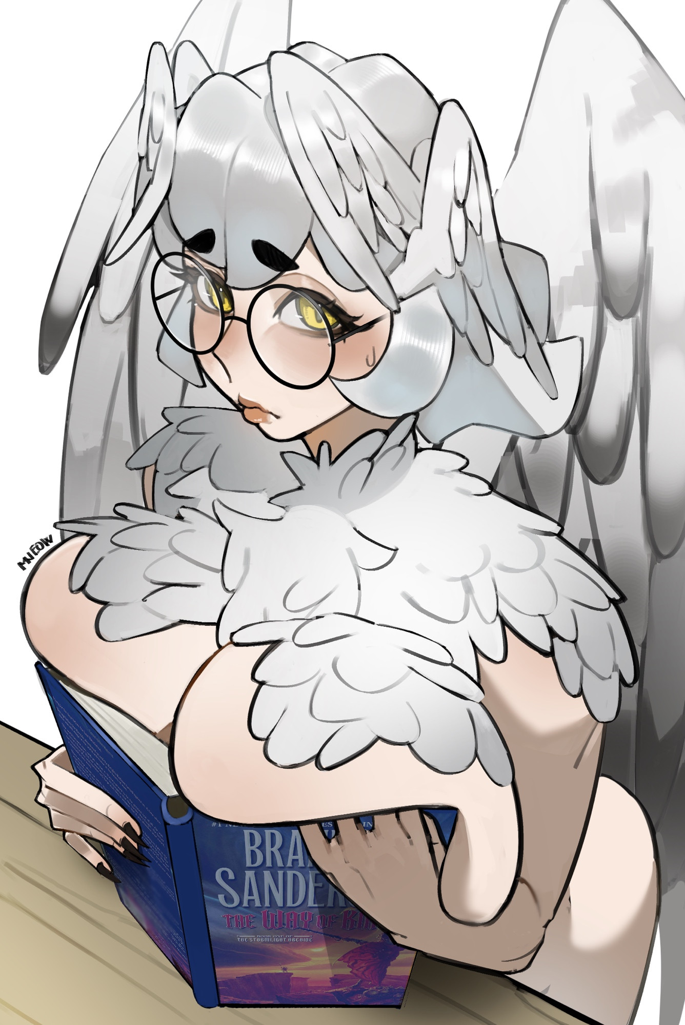 bird girl, book covering breasts, breast press, breast squish, breasts, embarrassed, embarrassed nude female, feathered wings, feathers, female, glasses, harpy, huge breasts, large breasts, low mjeow, nude, nude female, owl, owl girl, short hair, smokepowder, stormlight archive, strega fukuro (smoke powder), white hair, yellow eyes