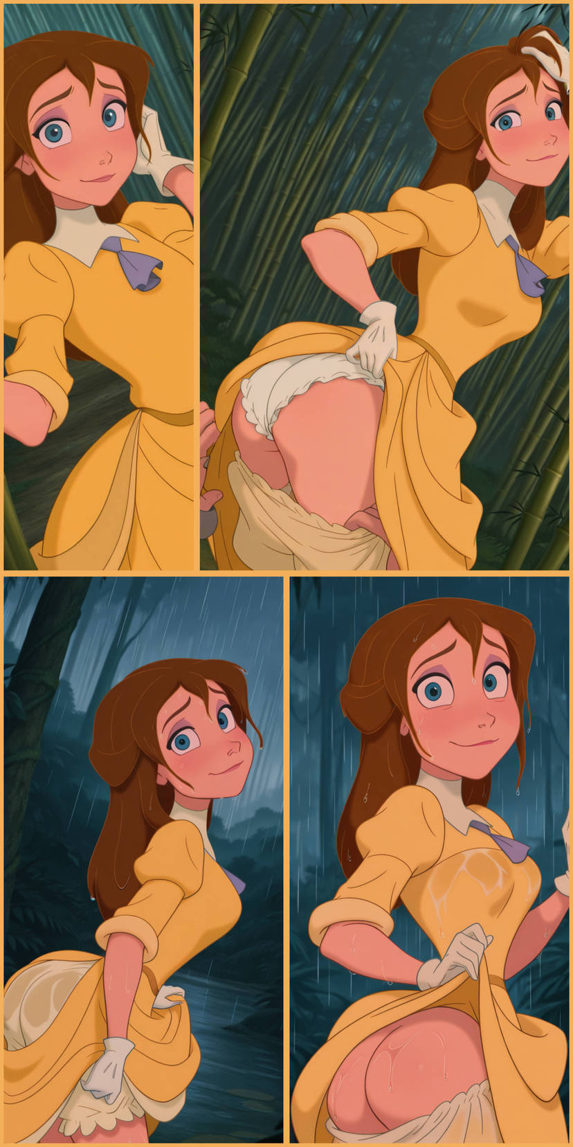 ai generated, bending over, blue eyes, bootygpt, brown hair, female, jane porter, lifting dress, panties, tagme, underwear, yellow dress