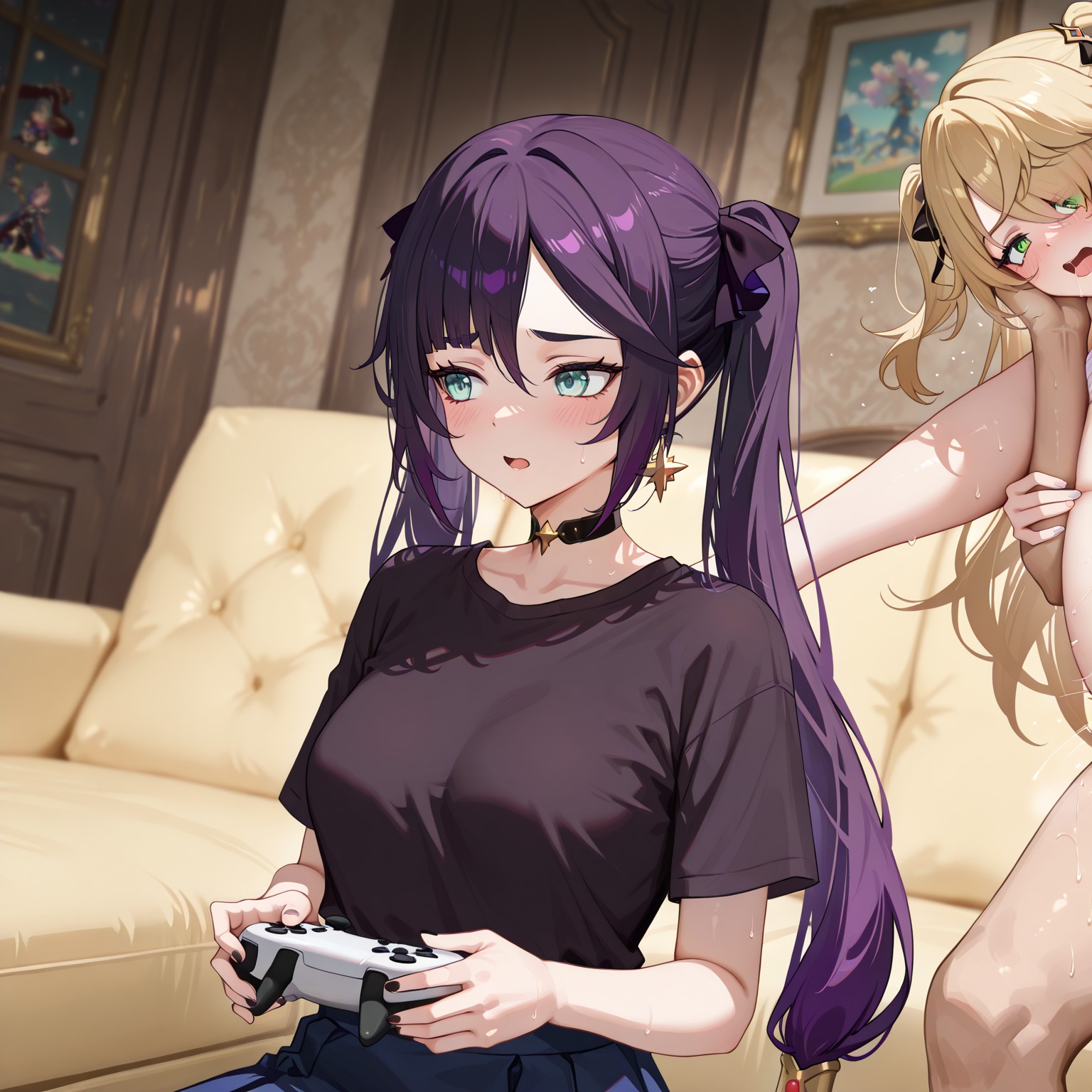 2girls, ai generated, blonde hair, blush, breasts, choker, controller, female, fischl (genshin impact), full nelson, gamer girl, genshin impact, green eyes, legs up, male, male penetrating, male penetrating female, medium breasts, meme, mona (genshin impact), oblivious woman in glasses playing video games (meme), offscreen male, offscreen sex, open mouth, purple hair, sex, sitting, standing full nelson, trio, twintails