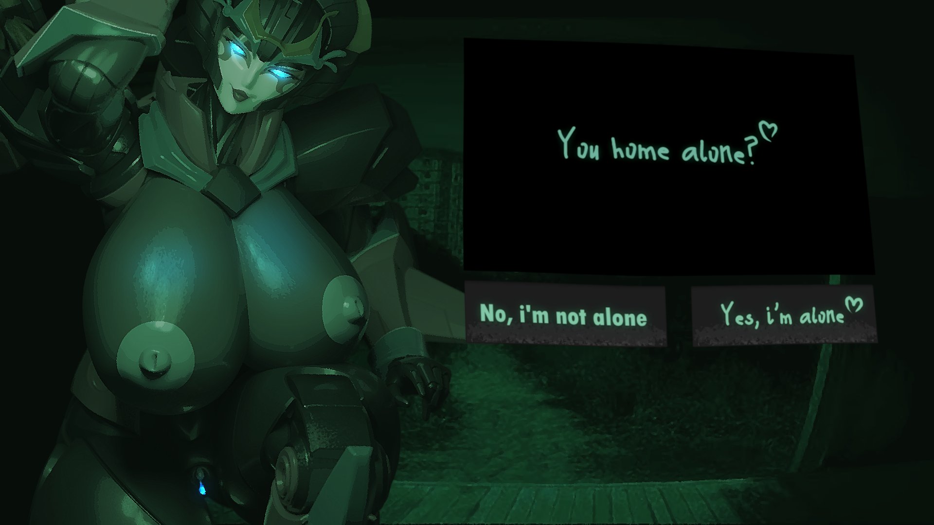 1girls, 3d, big breasts, breasts, crossover, dialogue, female, huge breasts, no, i'm not a human, no, i'm not a human (meme), robot, robot girl, solo, transformers, trawert, windblade, windblade (trawert)