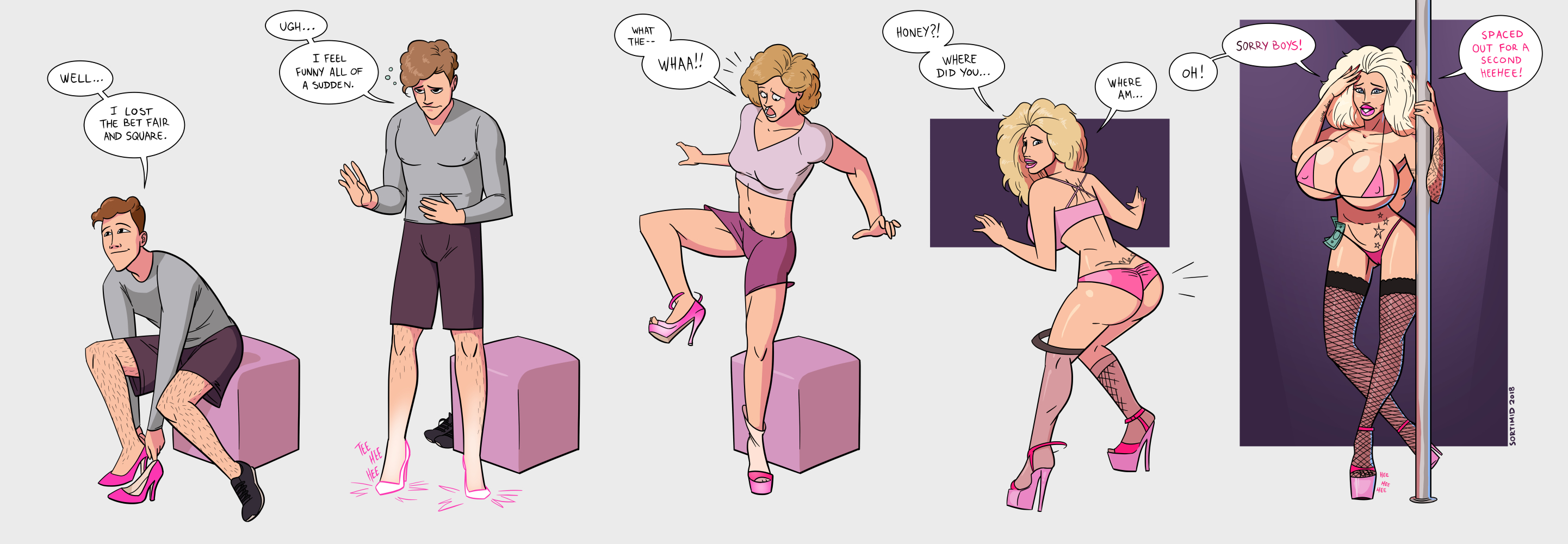 ass, ass expansion, bimbo, bimbofication, brain drain, brainwashing, breast expansion, breast growth, breast growth (enlargement), breasts, female, fishnets, gender transformation, heels, high heels, huge ass, huge breasts, identity death, money, money under clothes, mtf transformation, open toe shoes, platform heels, sortimid, stripper, stripper pole, tattoo, transformation, transformation sequence