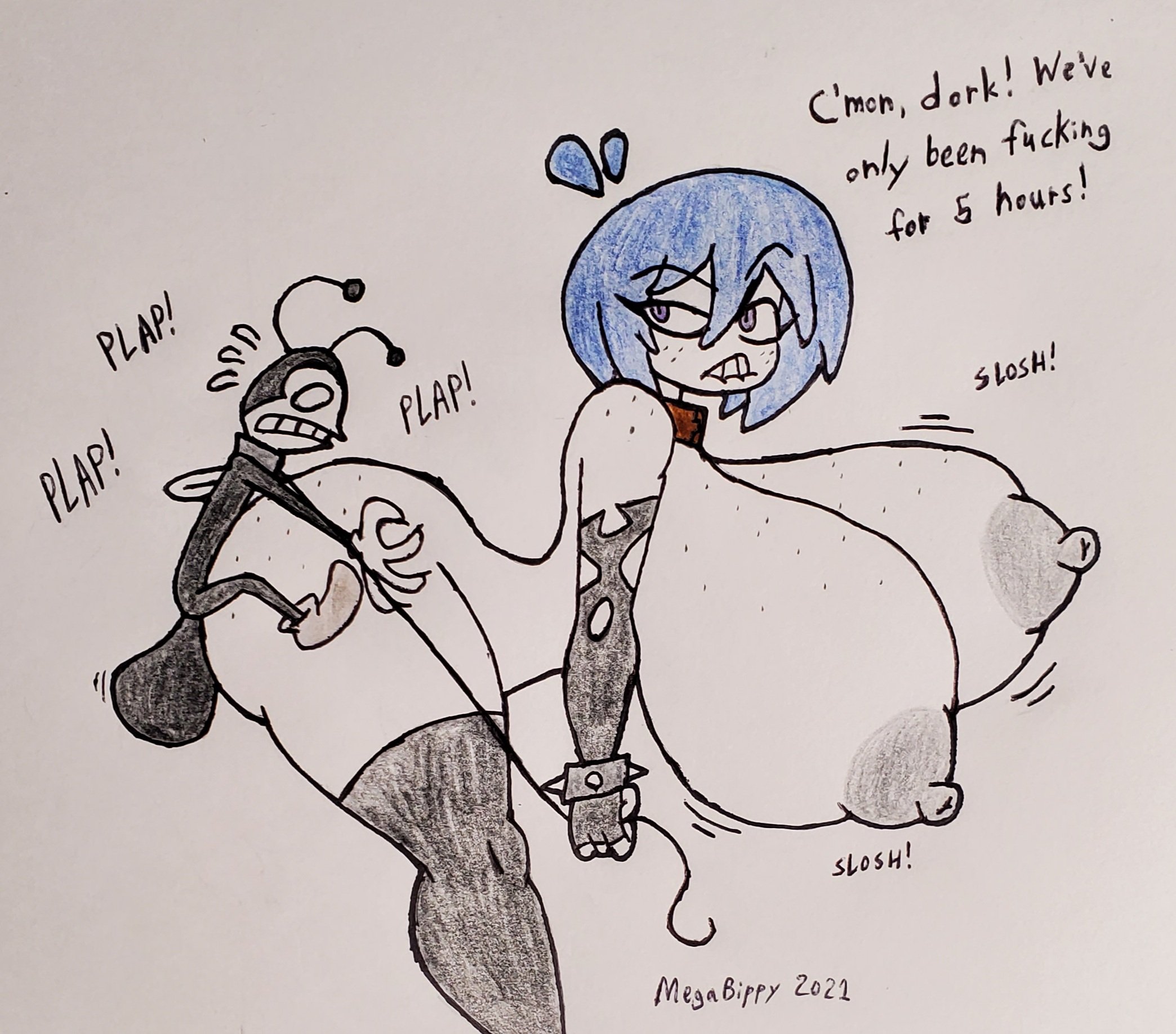 1boy, 1girls, 2021, ass, balls, bending over, bent over, big balls, big nipples, black armwear, black legwear, black nipples, blue hair, breasts, breasts out, collar, ed (megabippy), english text, female, gigantic breasts, goth, hanging breasts, highres, hourglass figure, huge ass, huge breasts, hyper ass, hyper breasts, large areolae, leash, male, megabippy, nude, nude female, onomatopoeia, original character, plap, profanity, purple eyes, sex, sex from behind, short hair, side view, sideboob, sitting, size difference, slosh, sloshing breasts, smaller male, thighhighs, thighs, tiddy (megabippy), toon, toony