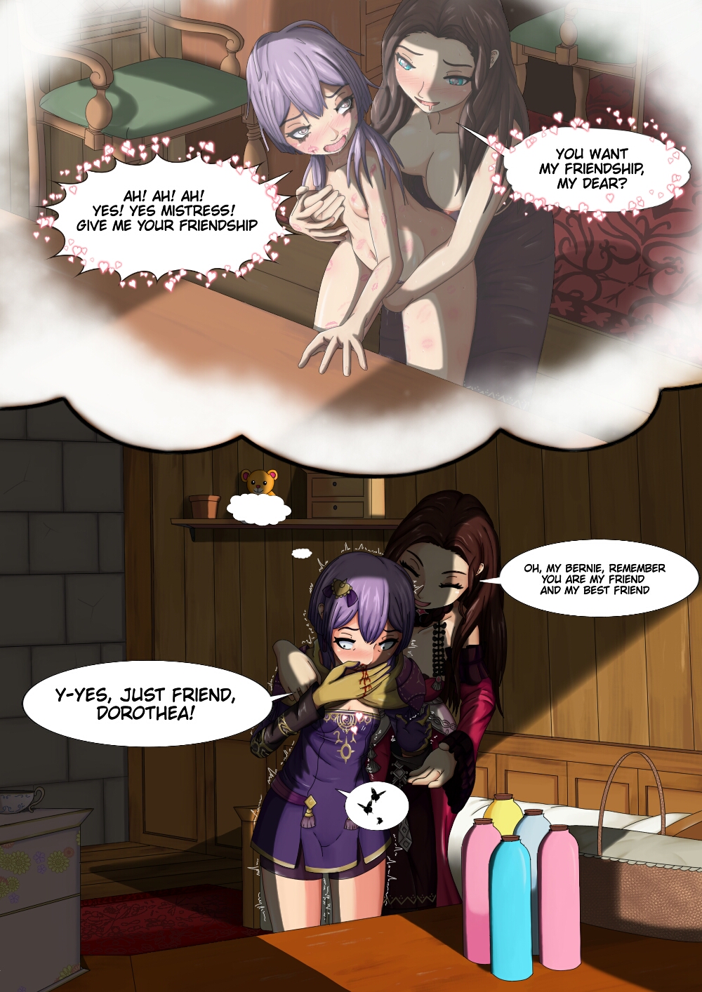 2girls, alternate eye color, bare thighs, bernadetta von varley, blue eyes, blush, bottomless, breast grab, breasts, brown hair, completely nude, dialogue, dorothea arnault, drooling, embarrassed, english text, female, female only, femdom, femsub, fingering, fingering partner, fire emblem, fire emblem: three houses, gentle femdom, gloves, grey eyes, groping, heart-shaped pupils, hickey, imagining, indoors, kiss mark, lipstick everywhere, lipstick mark, long hair, medium breasts, medium hair, multiple females, multiple girls, nervous, nintendo, nipples, nosebleed, nude, nude female, open mouth, patzamjul, post-timeskip, purple hair, pussy, reach around, saliva, saliva trail, small breasts, text, trembling, turquoise eyes, vaginal penetration, yuri