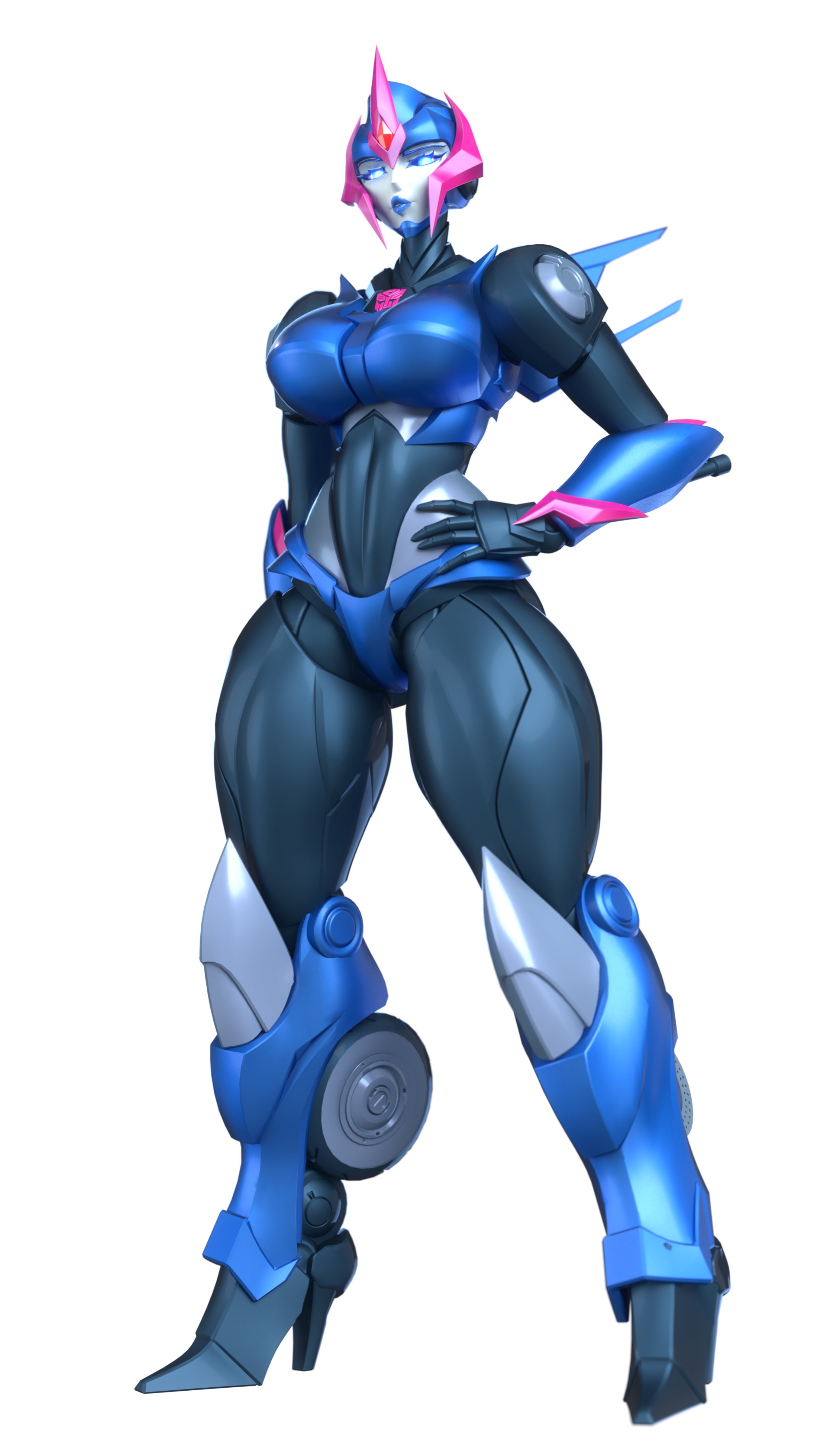 1girls, 3d, 3d (artwork), arcee, arcee (prime), arcee (prime) (trawert), big breasts, blue eyes, blue lipstick, blue panties, breasts, female, hand on hip, high heels, high resolution, highres, insignia, panties, robot, robot girl, robot humanoid, solo, solo female, thick thighs, transformers, transformers prime, trawert