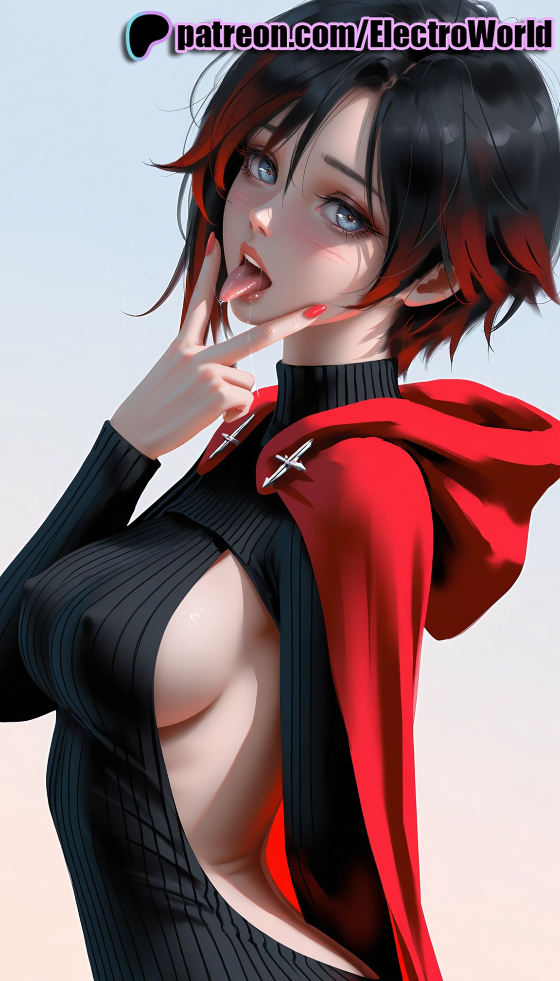 1girls, 2025, ai generated, artist name, average breasts, black hair, breasts, bust, chest, covered nipples, cunnilingus gesture, electroworld, female, female only, gradient, gradient background, hi res, high quality, high resolution, highres, hood, hooded cloak, medium breasts, multicolored hair, normal breasts, patreon, patreon username, red hair, ruby rose, rwby, saliva, short hair, solo, stable diffusion, tongue, tongue out, two-tone hair, watermark